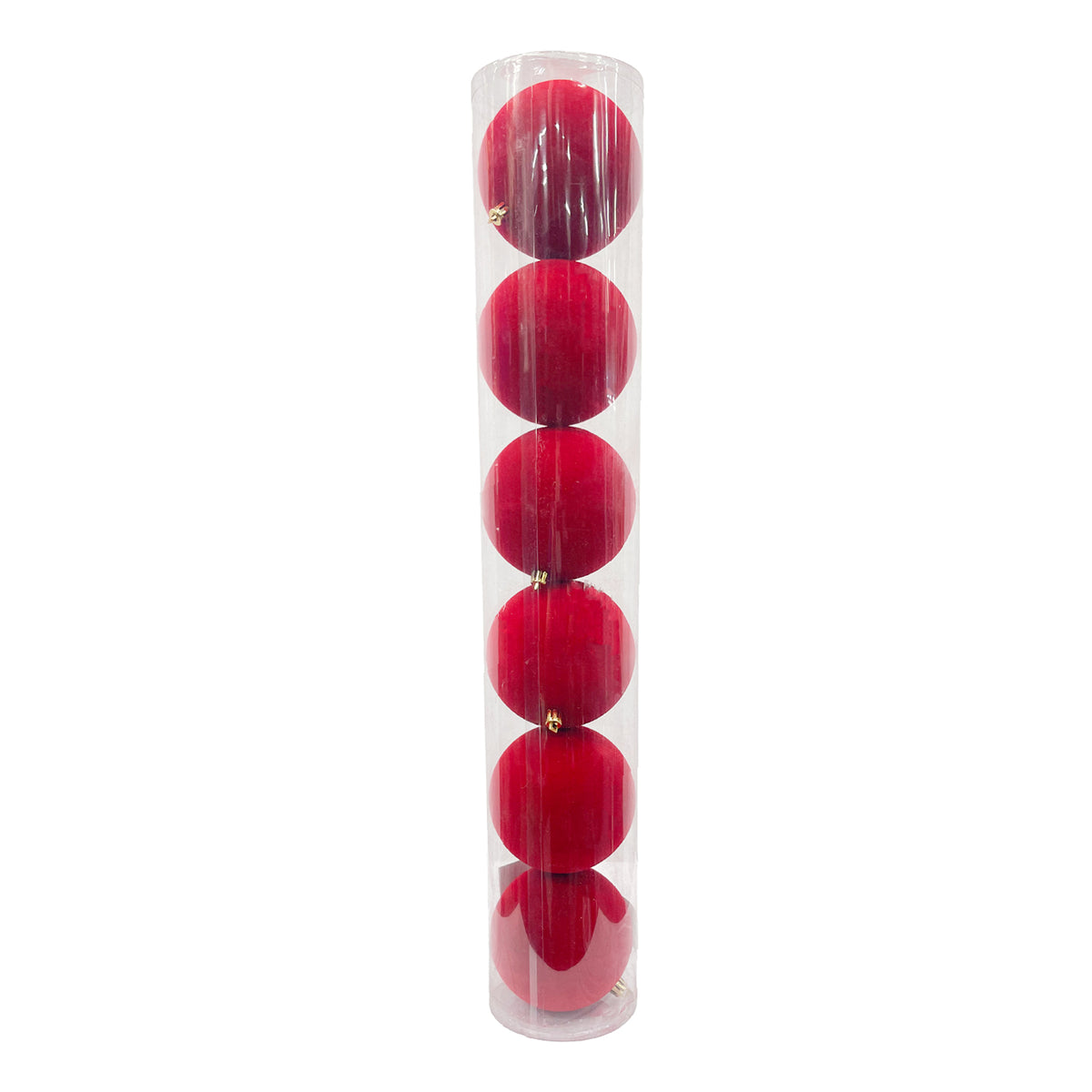Tubo X 6 Bolas Navideñas Gamuzada Rojo 8x8cm con Acabado Gamuzada Reutilizable
