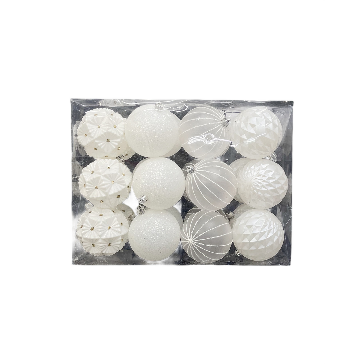 Bola Navideña X 24 Unidades Cuatro Diseños Blanco 8x8cm con Acabado Mixto Reutilizable