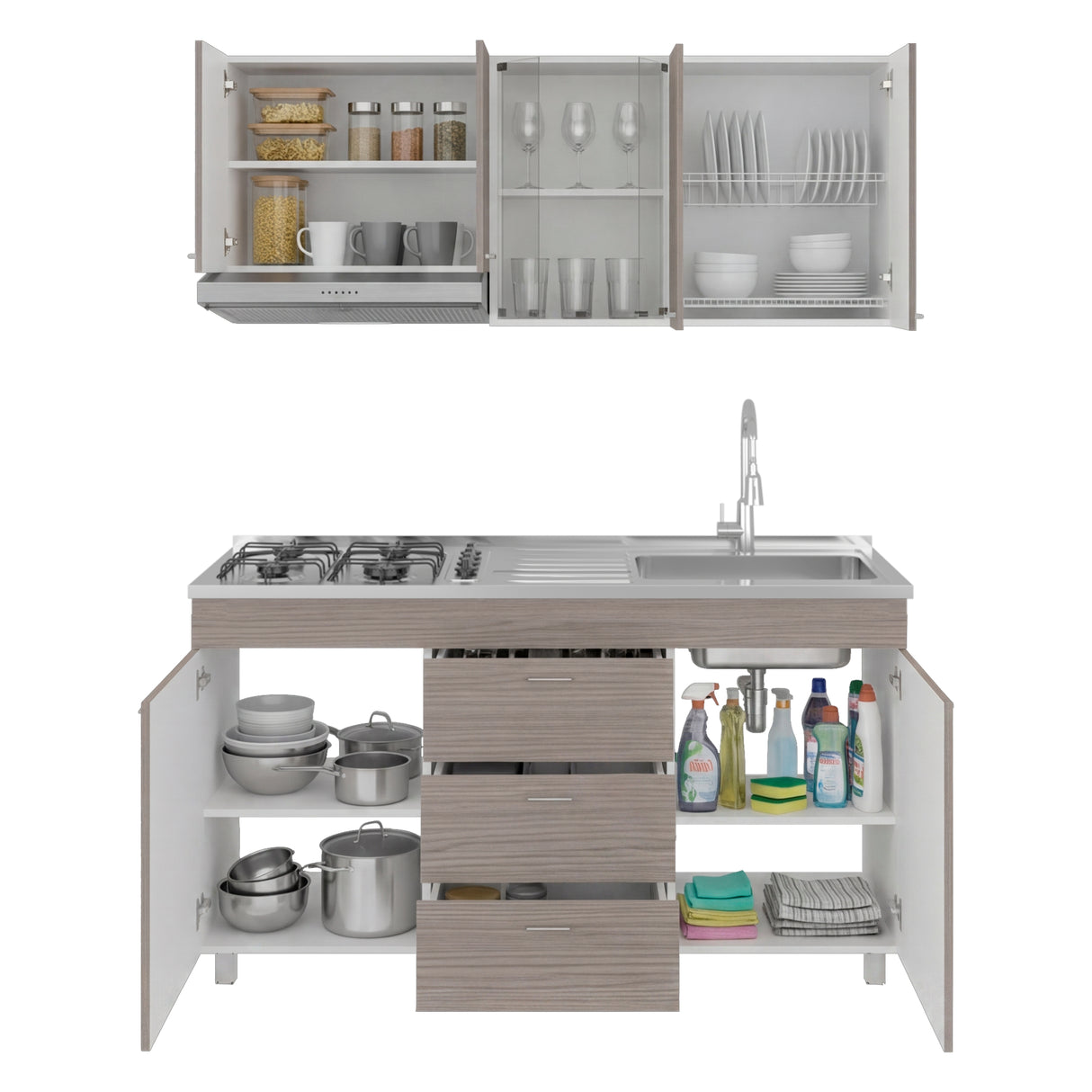 Cocina Lumina Blanco Positano 150x210cm con Mesón de Acero Inoxidable Lado Derecho y con Estufa