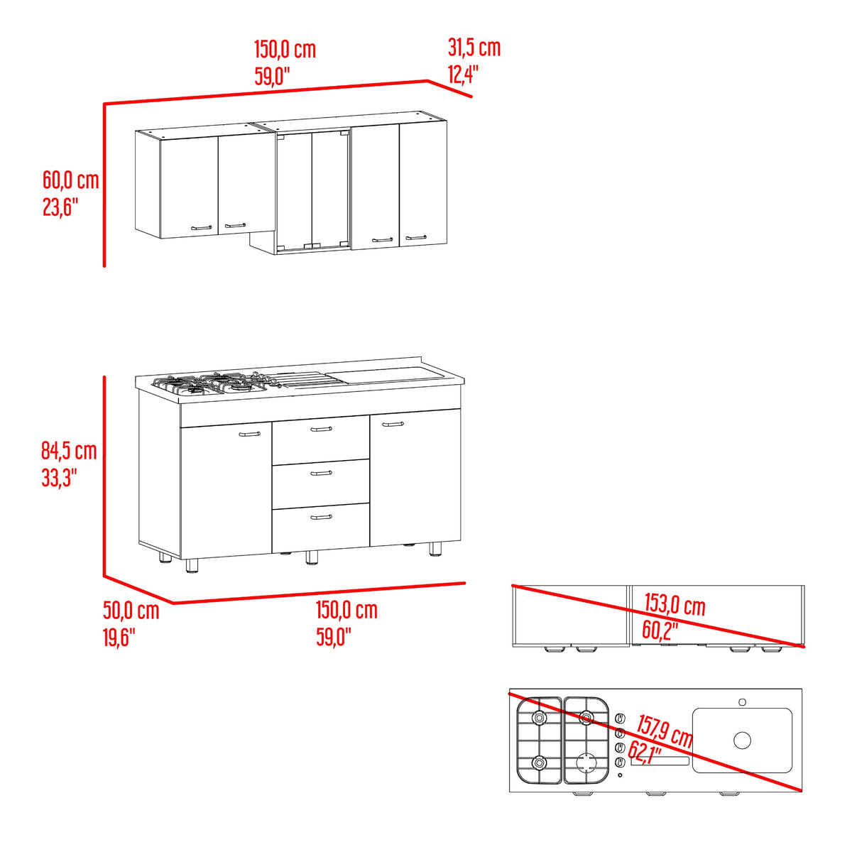 Cocina Lumina Blanco Positano 150x210cm con Mesón de Acero Inoxidable Lado Derecho y con Estufa