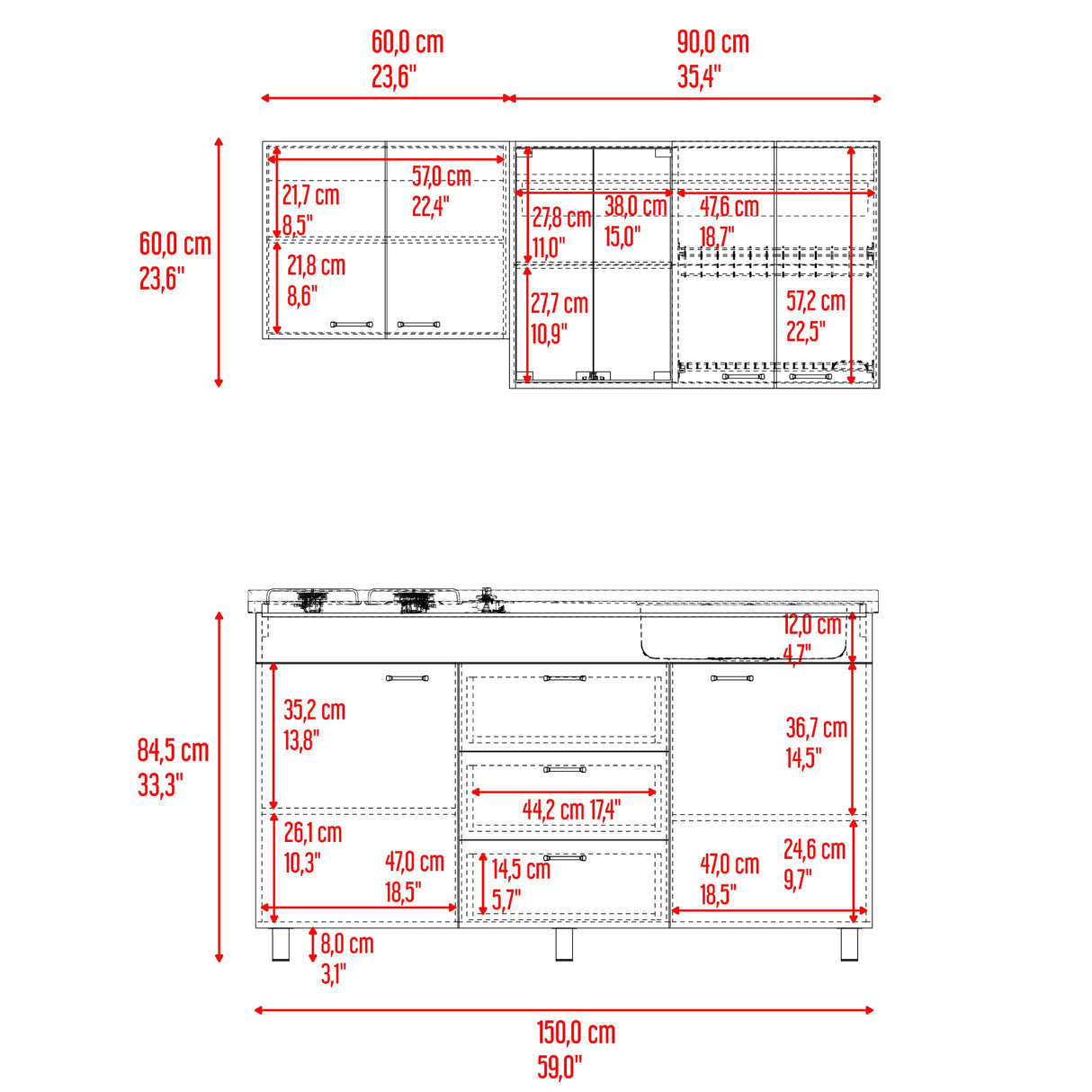 Cocina Lumina Blanco Positano 150x210cm con Mesón de Acero Inoxidable Lado Derecho y con Estufa