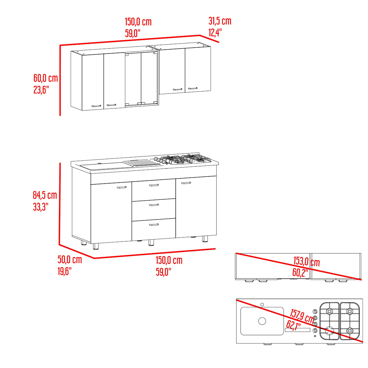 Cocina Lumina Blanco Positano 150x210cm con Mesón de Acero Inoxidable Lado Izquierda y con Estufa