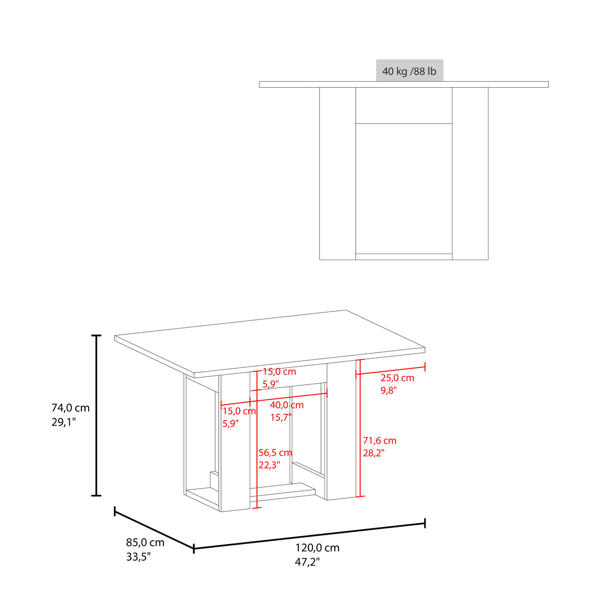 Mesa de Comedor Volterra Positano 120x74cm de Cuatro Puestos sin Sillas y con Patas