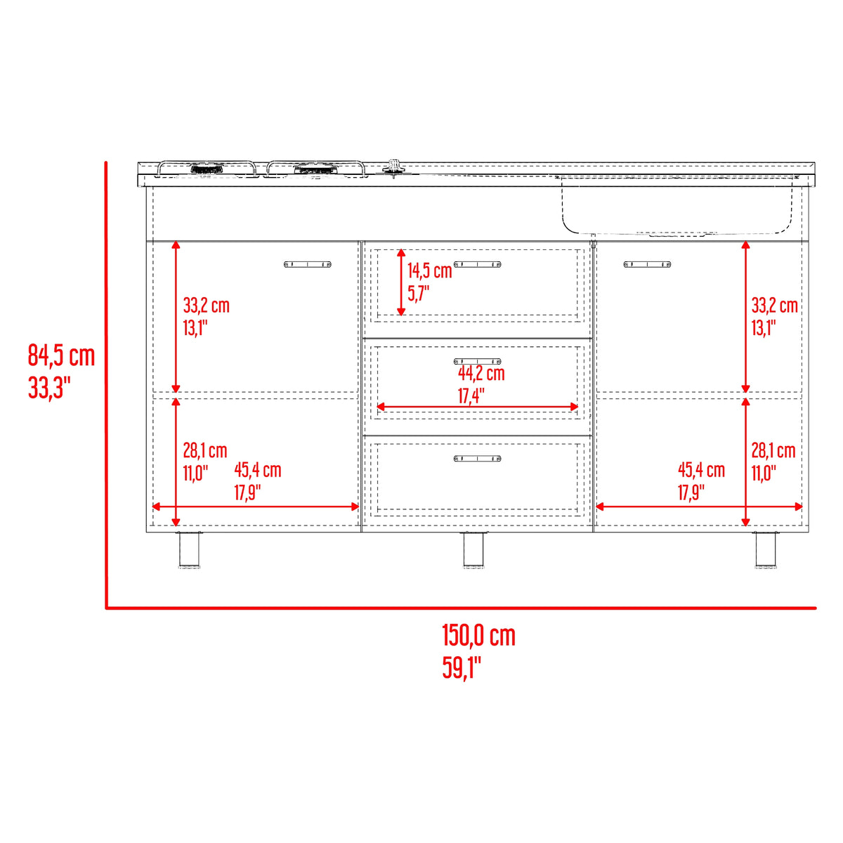 Mueble Inferior de Cocina Lumina Blanco Positano 150x84.5cm con Mesón de Acero Inoxidable Lado Derecho y con Estufa