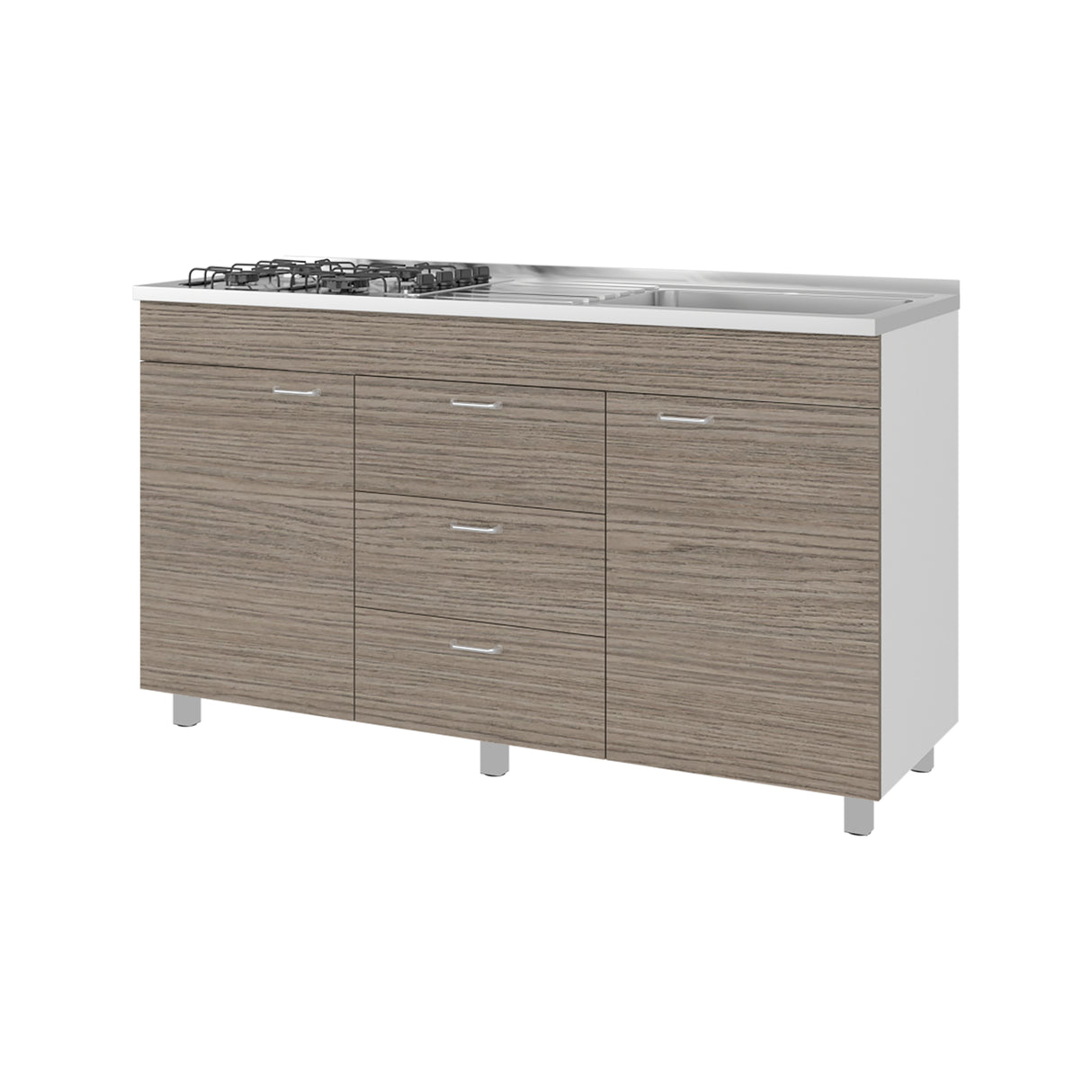Mueble Inferior de Cocina Lumina Blanco Positano 150x84.5cm con Mesón de Acero Inoxidable Lado Derecho y con Estufa