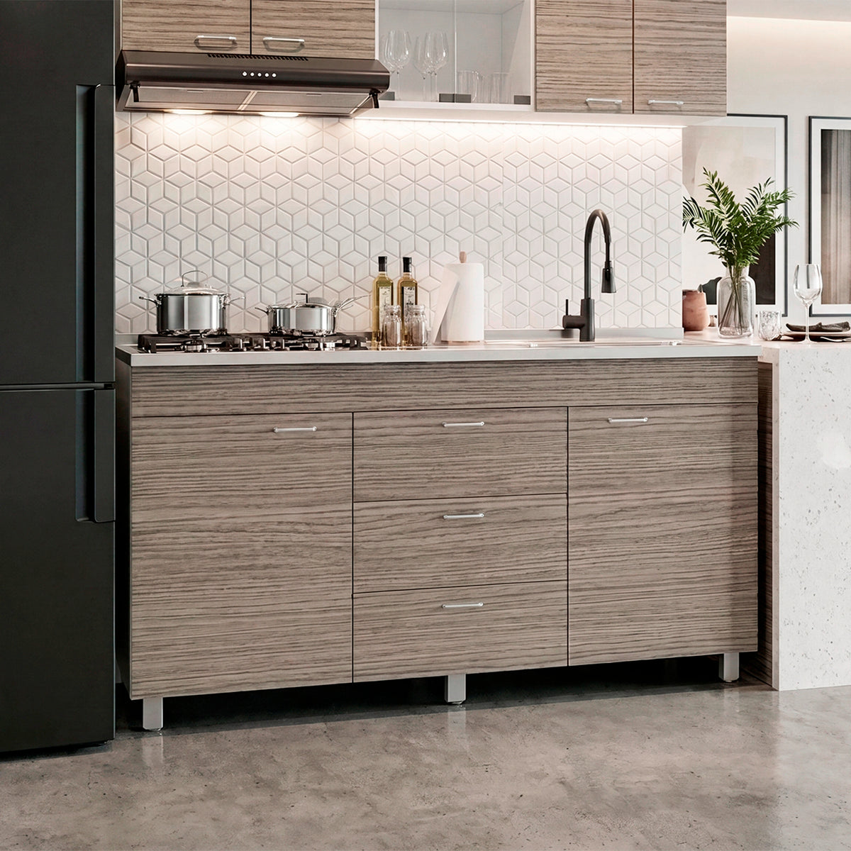 Mueble Inferior de Cocina Lumina Blanco Positano 150x84.5cm con Mesón de Acero Inoxidable Lado Derecho y con Estufa
