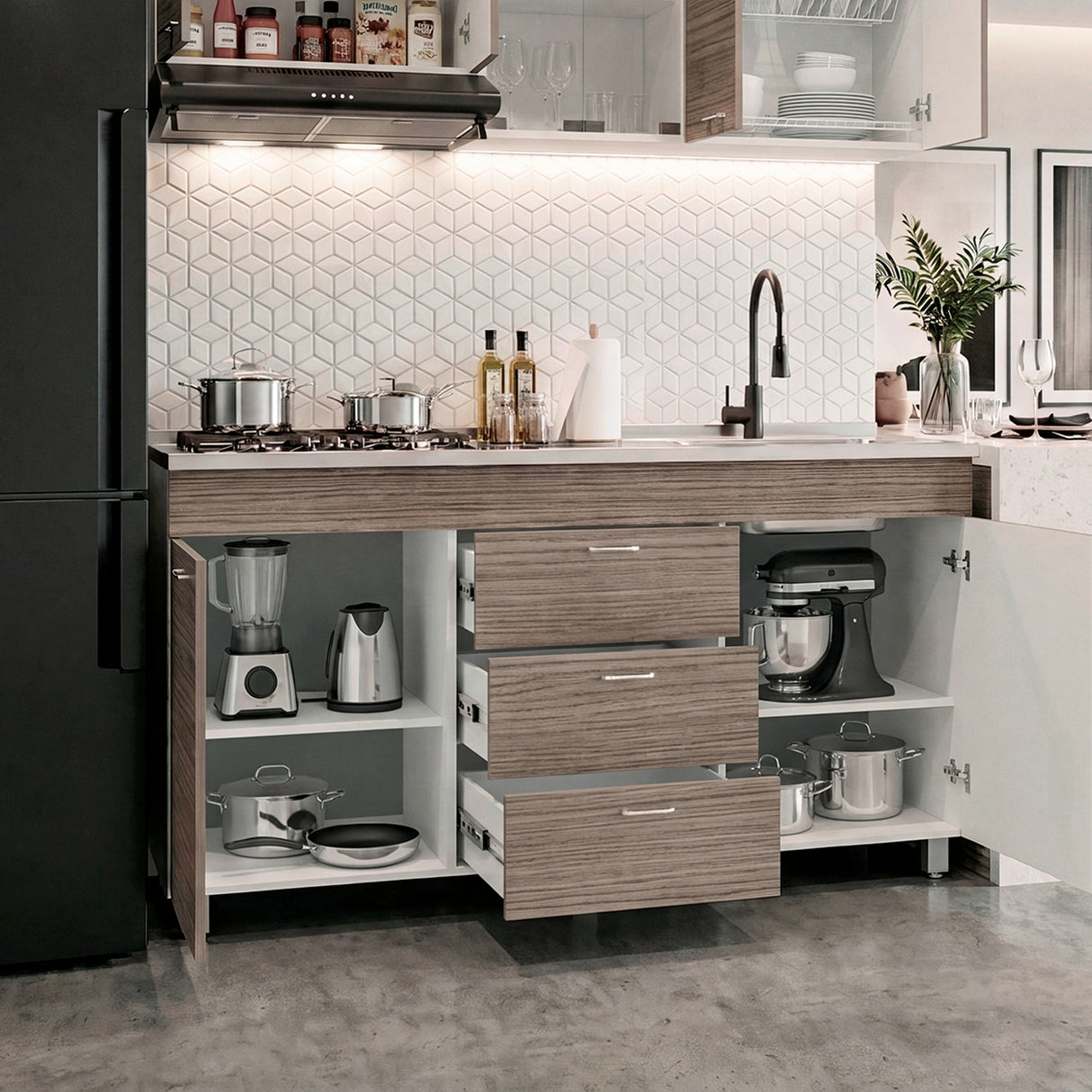Mueble Inferior de Cocina Lumina Blanco Positano 150x84.5cm con Mesón de Acero Inoxidable Lado Derecho y con Estufa
