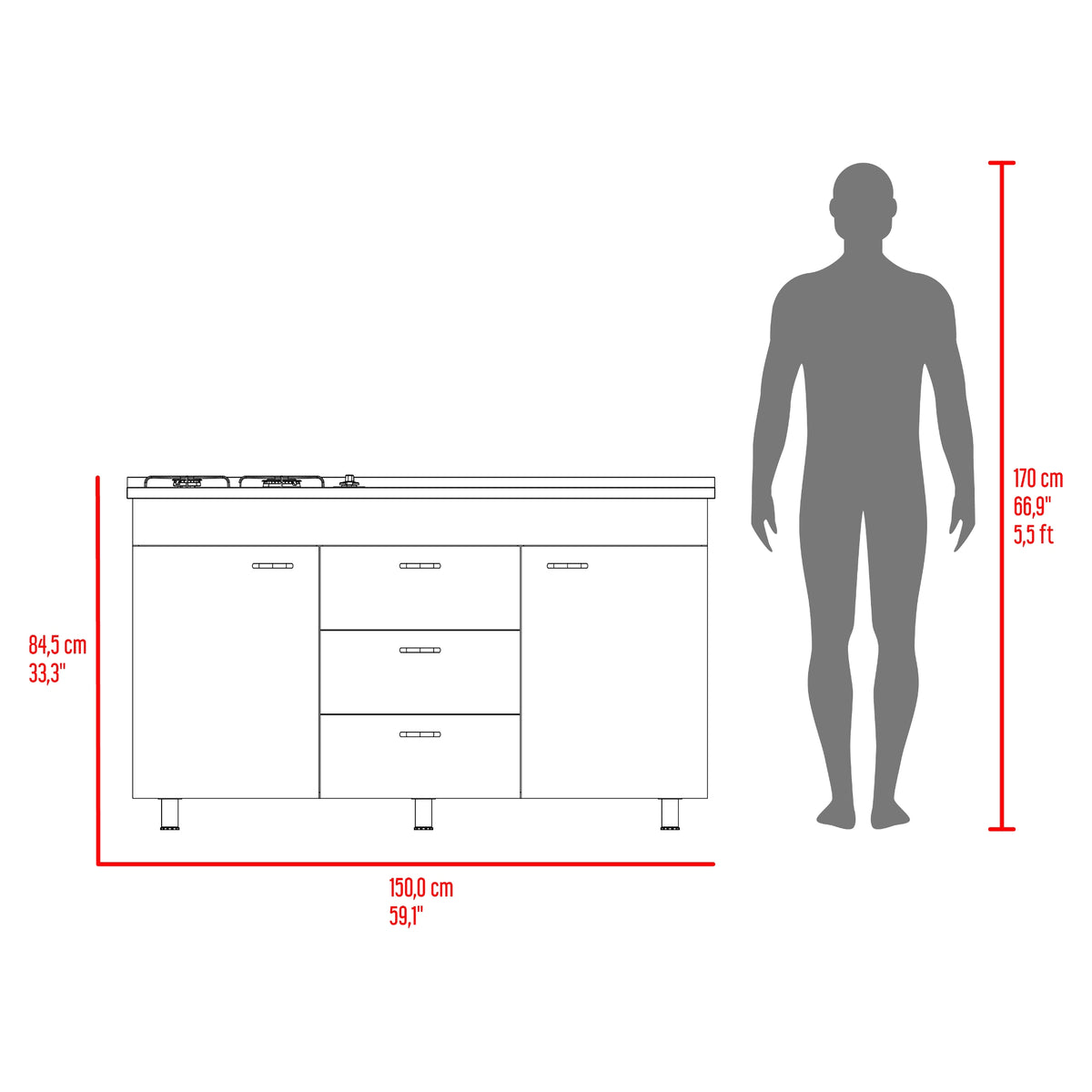 Mueble Inferior de Cocina Lumina Blanco Positano 150x84.5cm con Mesón de Acero Inoxidable Lado Derecho y con Estufa