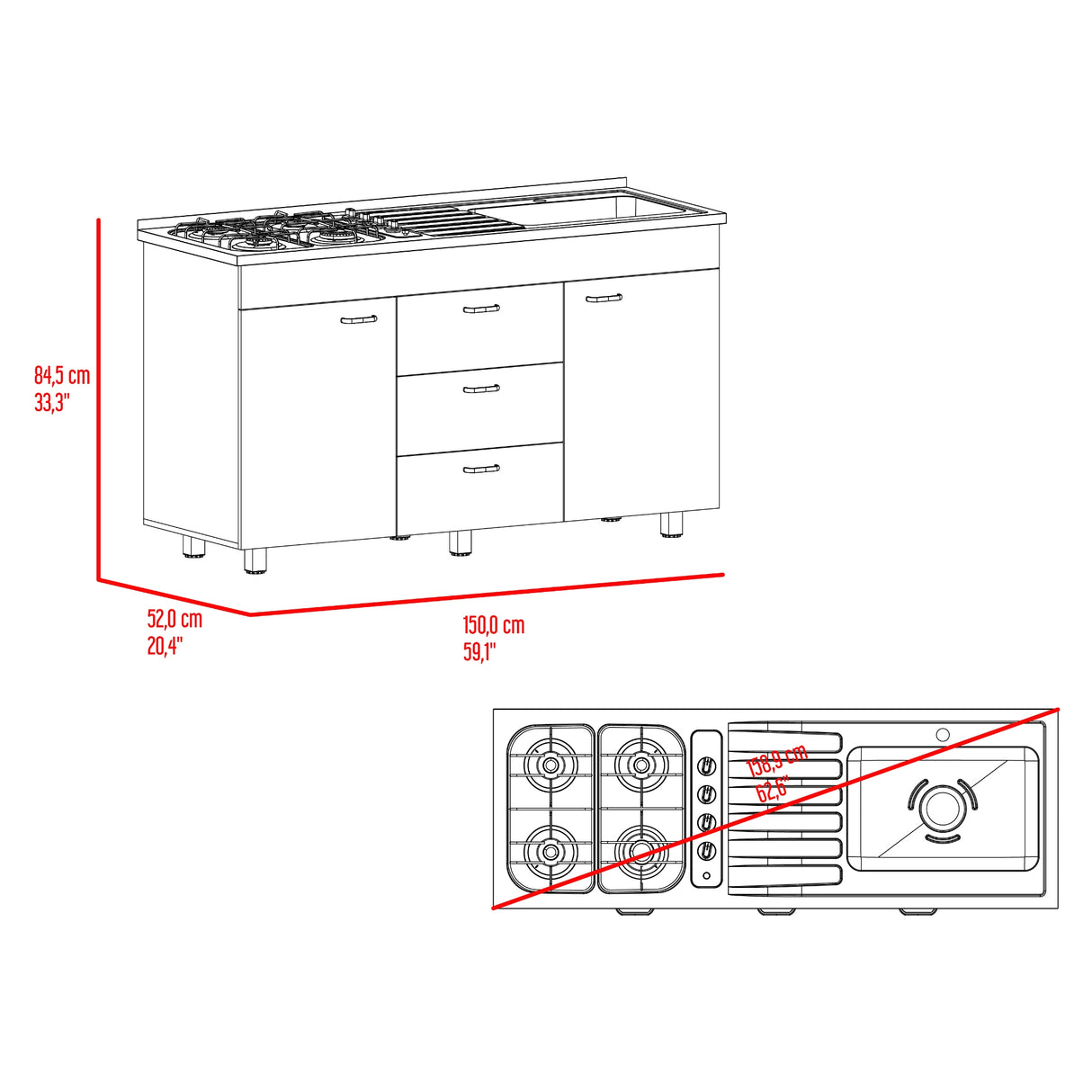 Mueble Inferior de Cocina Lumina Blanco Positano 150x84.5cm con Mesón de Acero Inoxidable Lado Derecho y con Estufa