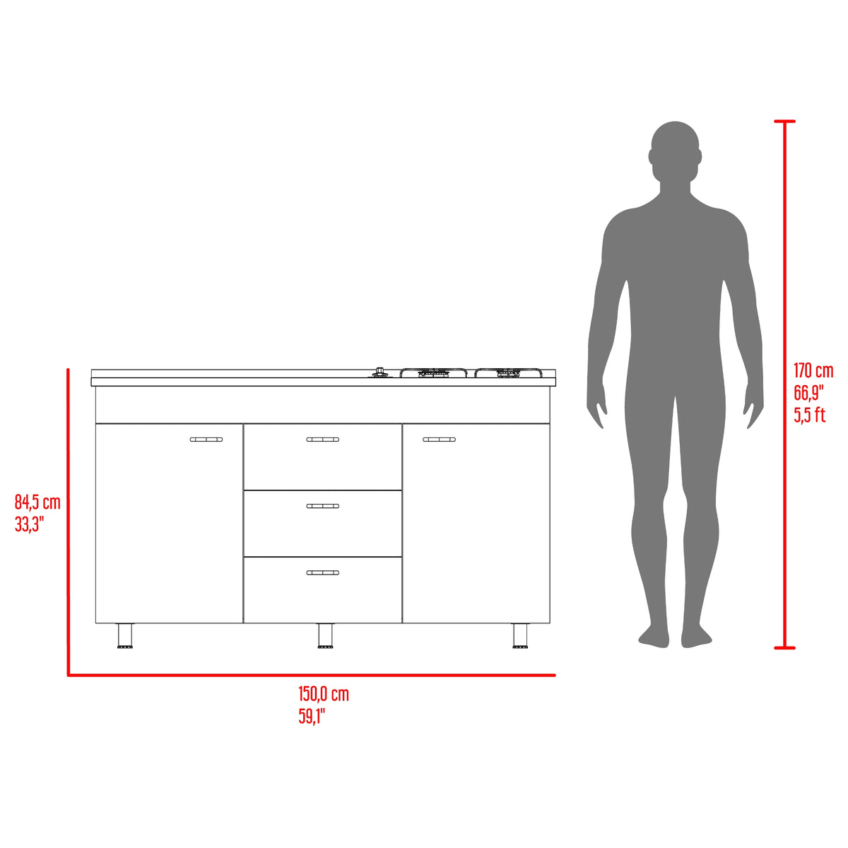 Mueble Inferior de Cocina Lumina Blanco Positano 150x84.5cm con Mesón de Acero Inoxidable Lado Izquierdo y con Estufa