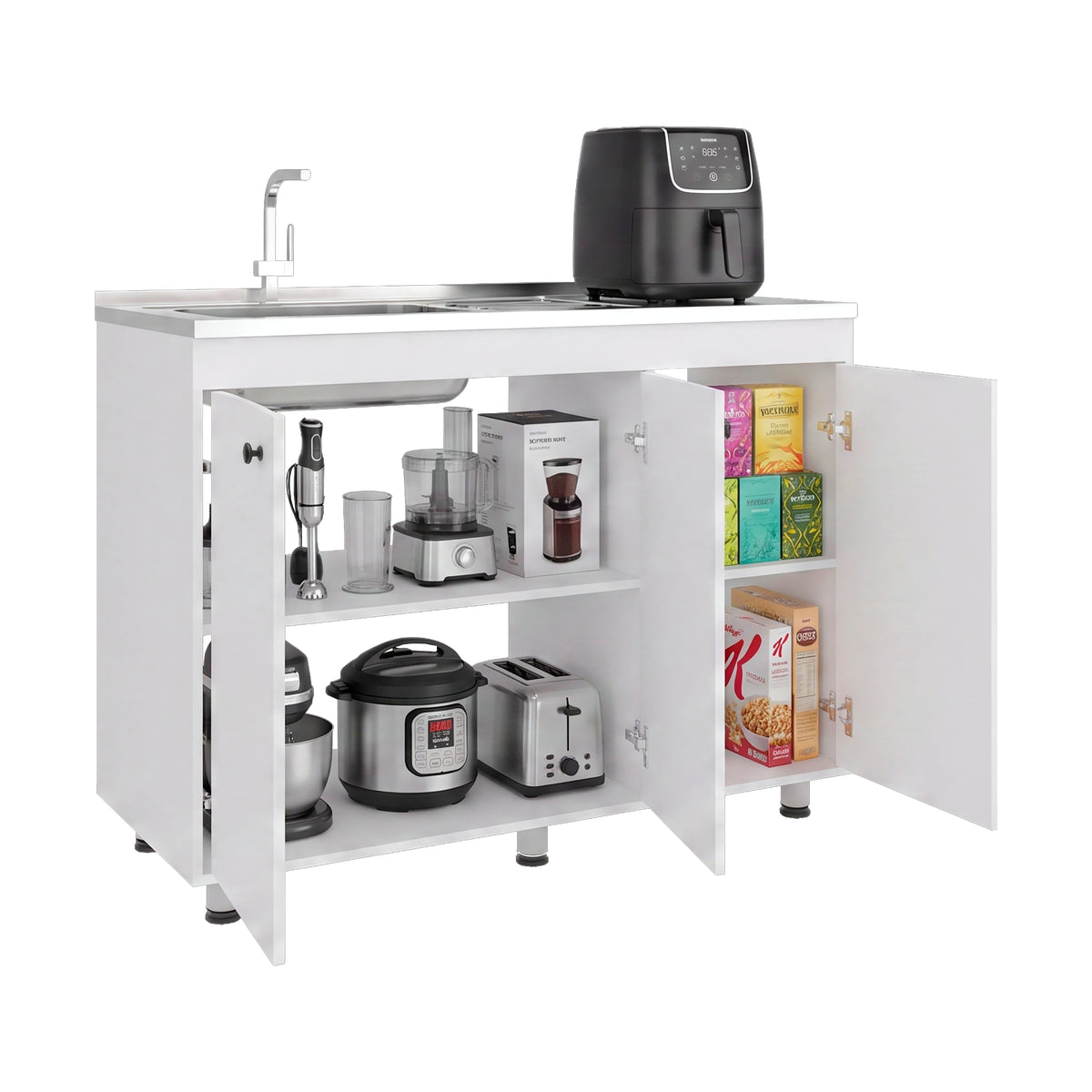 Mueble Inferior de Cocina Napoles Blanco 120x90cm con Mesón de Acero Inoxidable Lado Izquierdo y sin Estufa