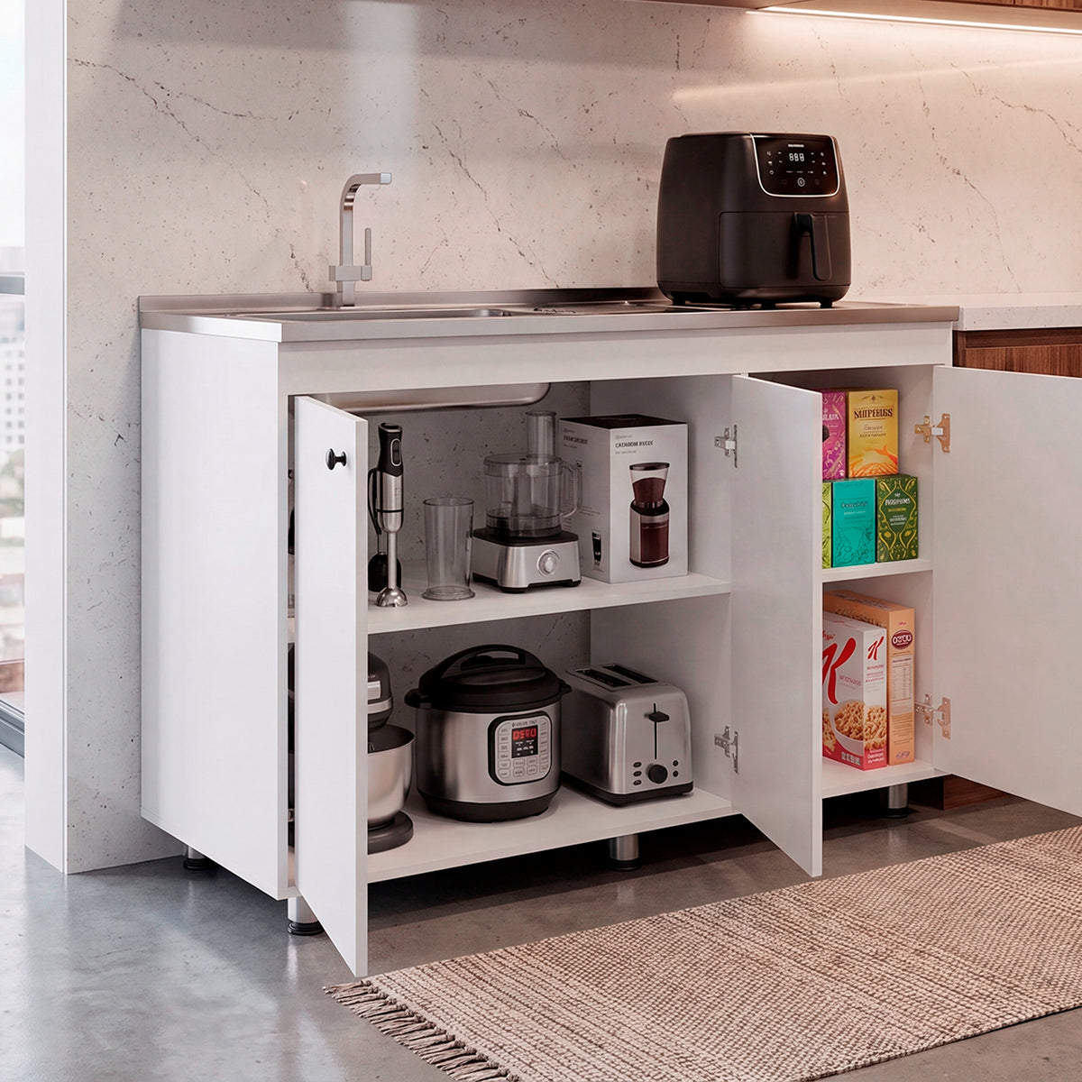 Mueble Inferior de Cocina Napoles Blanco 120x90cm con Mesón de Acero Inoxidable Lado Izquierdo y sin Estufa