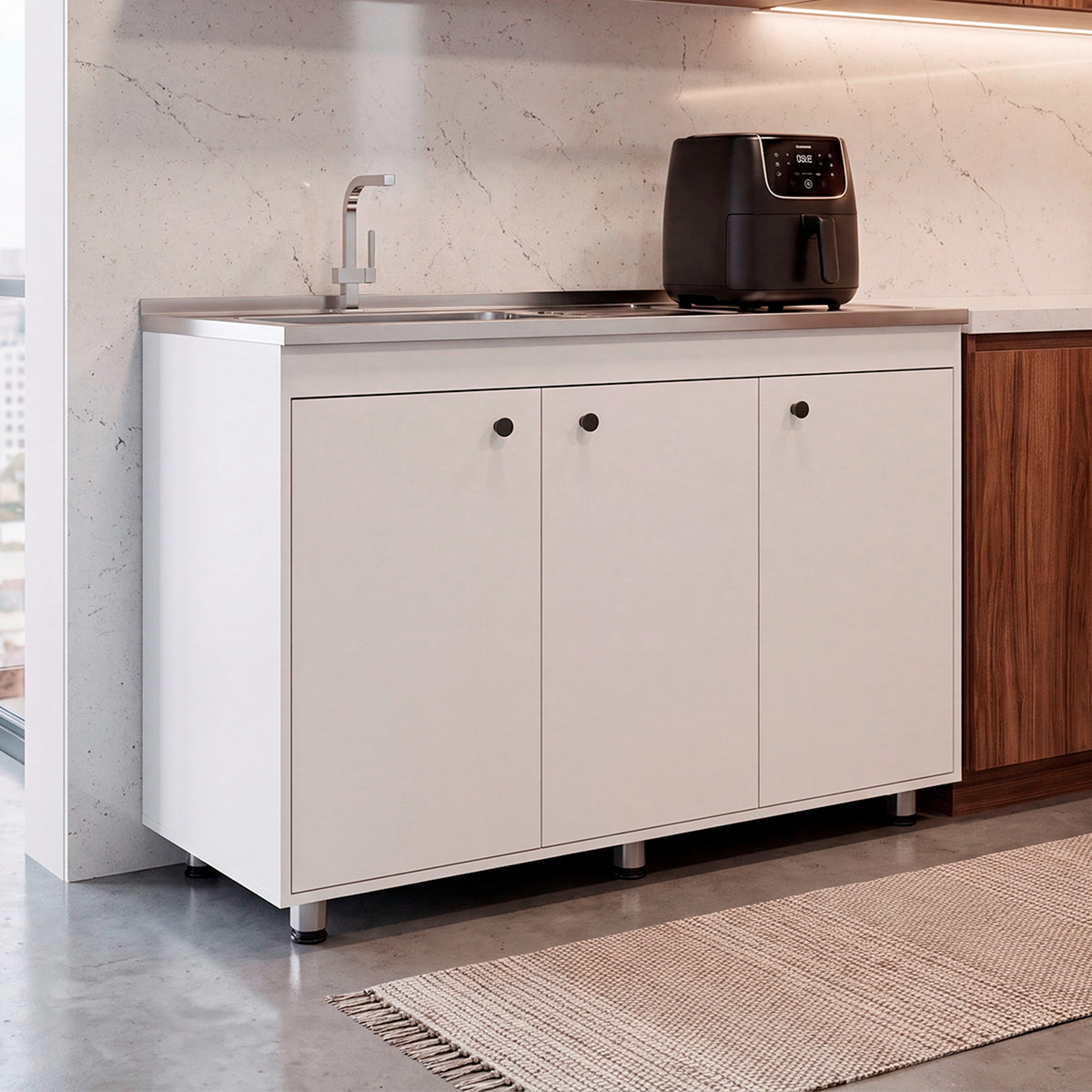 Mueble Inferior de Cocina Napoles Blanco 120x90cm con Mesón de Acero Inoxidable Lado Izquierdo y sin Estufa