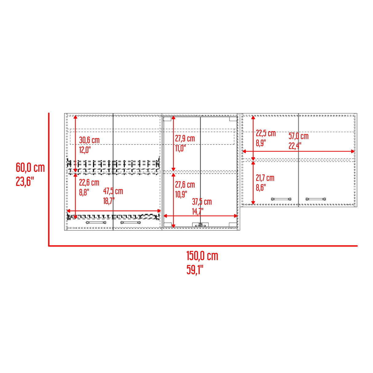 Mueble Superior de Cocina Lumina Blanco Positano 150x60cm con Seis Puertas y con Locero