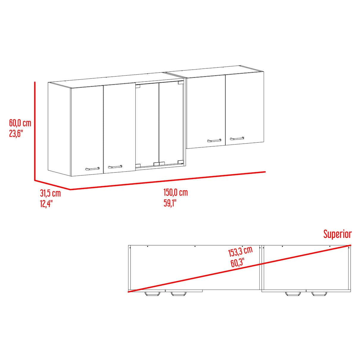 Mueble Superior de Cocina Lumina Blanco Positano 150x60cm con Seis Puertas y con Locero