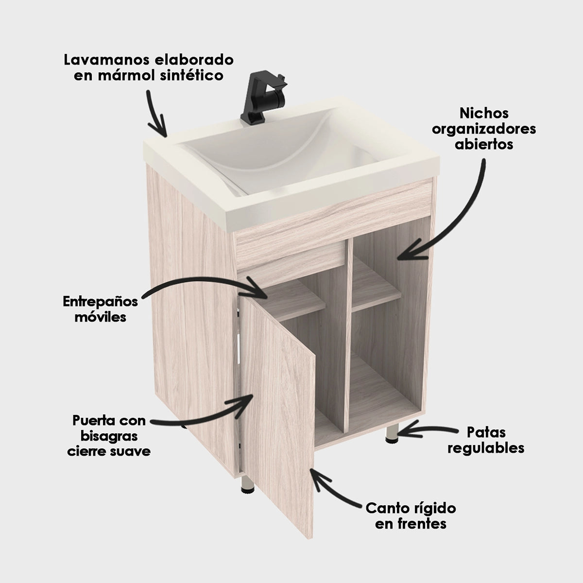 Kit Mueble con Lavamanos Siena Soder Mali y Marfil 61.8x47.4cm Individual con Dos Cajones