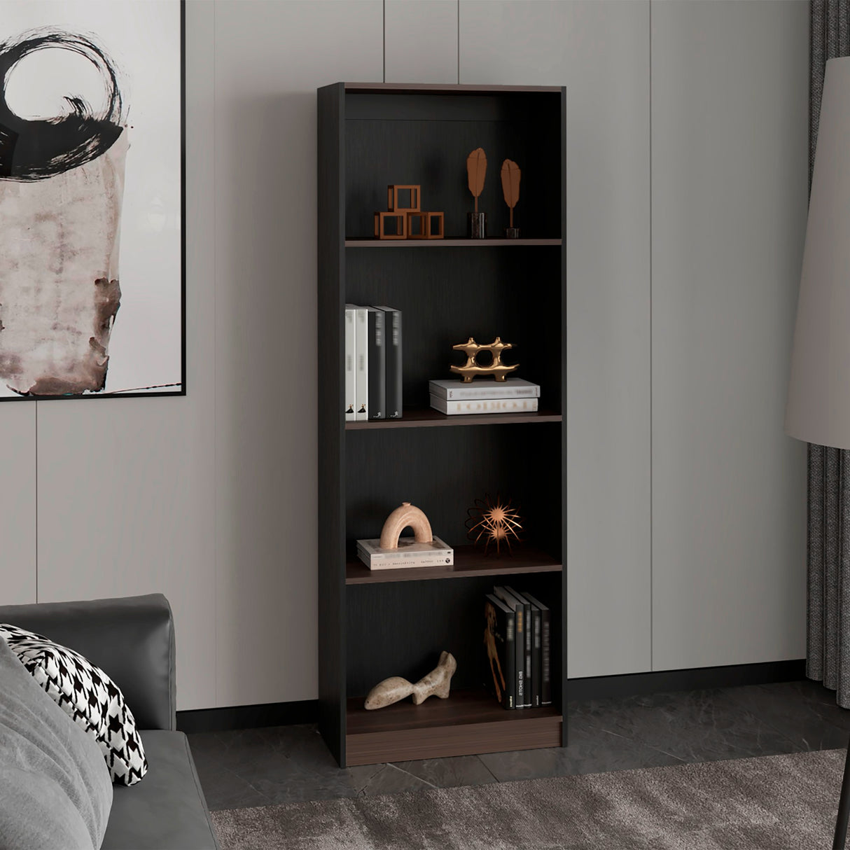 Estante Home E1 Wengue y Milan 62.8x180.6cm Rectangular con Cuatro Compartimientos y con Tres Entrepaños