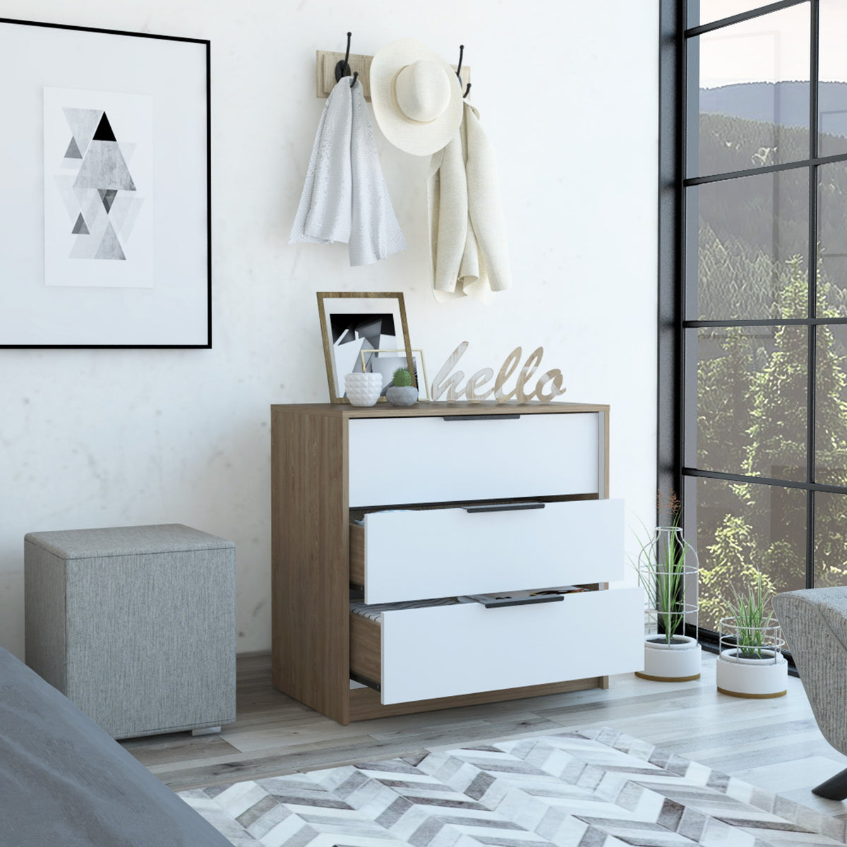 Cómoda Kaia Miel y Blanco 70x68.7cm de Tres Hileras con Tres Cajones