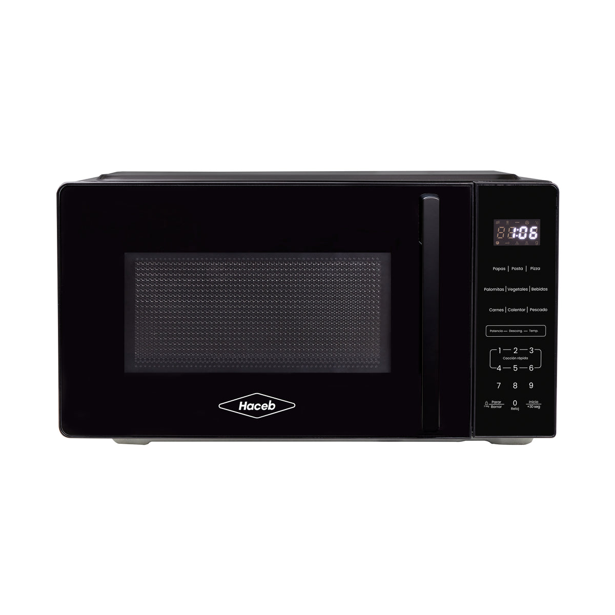 Horno Microondas Haceb de Manija Negro 44x24cm de 20 Litros 120 Voltios con Ocho Funciones Preconfiguradas