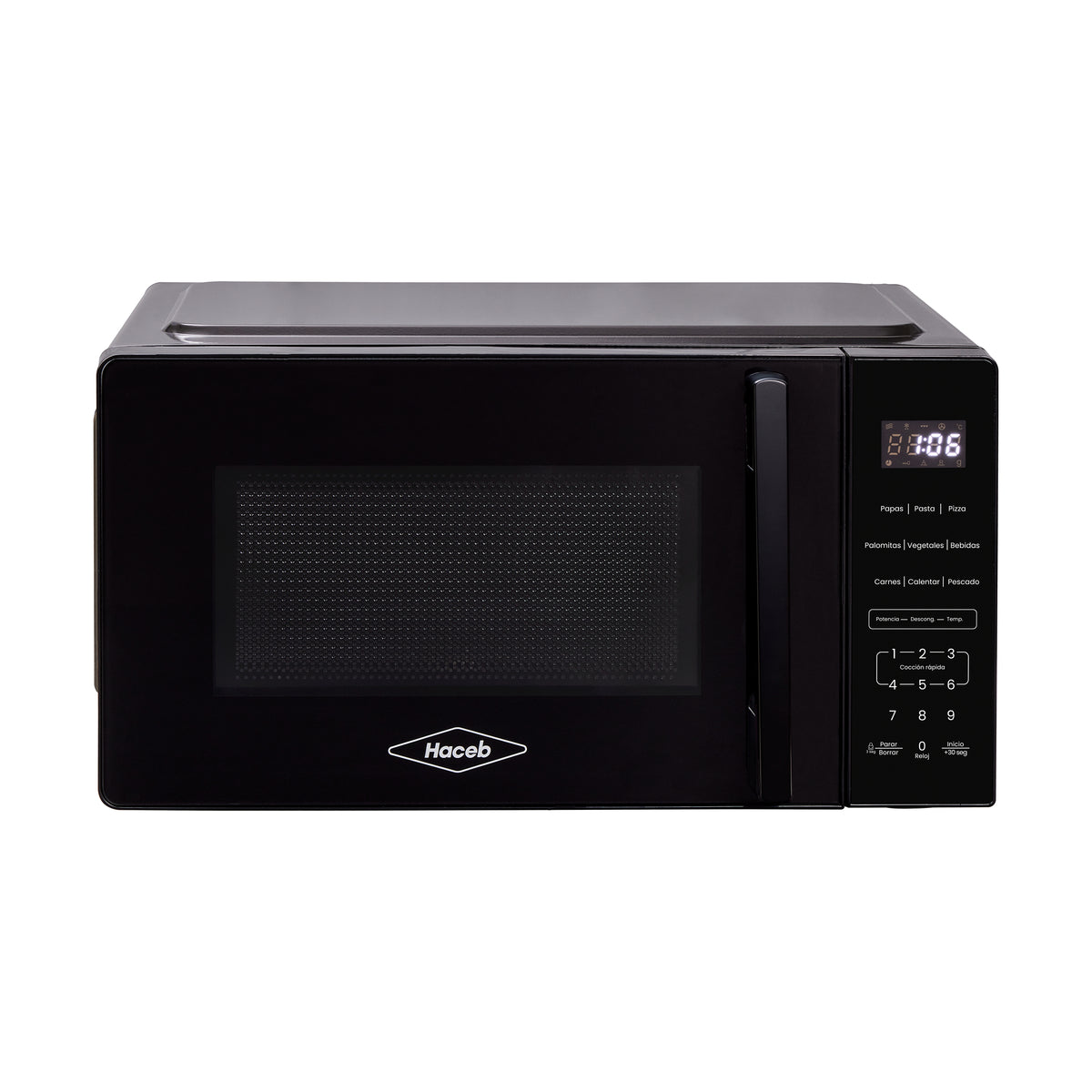 Horno Microondas Haceb de Manija Negro 44x24cm de 20 Litros 120 Voltios con Ocho Funciones Preconfiguradas