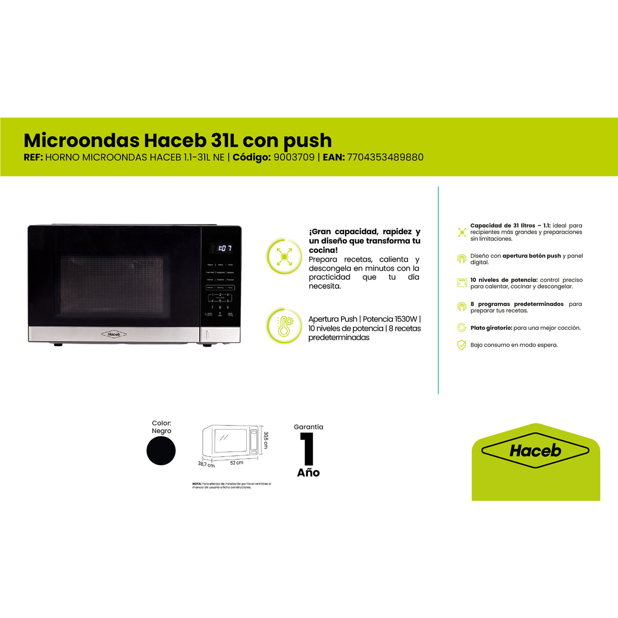 Horno Microondas Haceb Negro 52x30cm de 31 Litros 120 Voltios con 16 Funciones Preconfiguradas