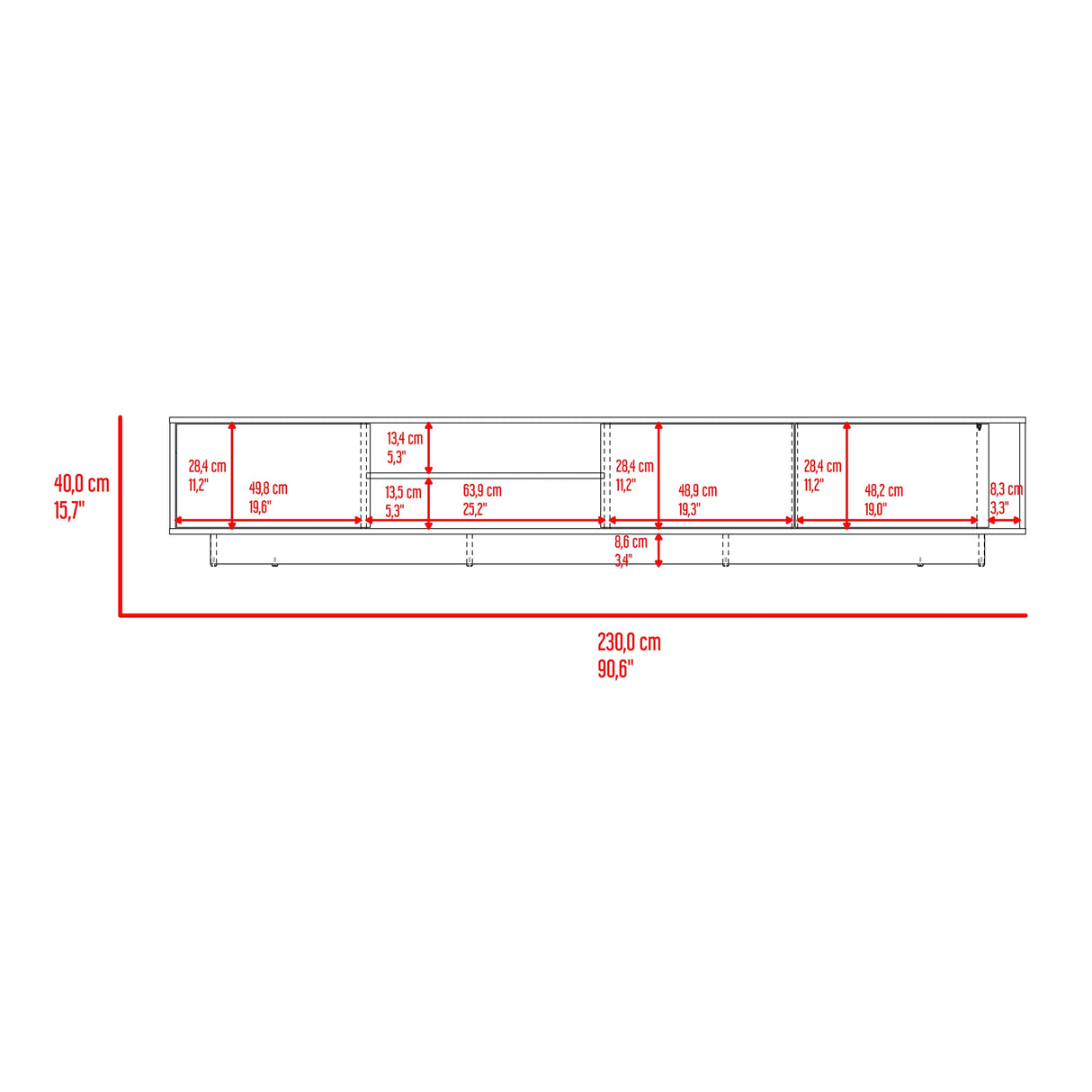 Rack de TV Maldivas Avellana y Wengue 230x40cm para TV Hasta 85" Pulgadas con Dos Compartimientos