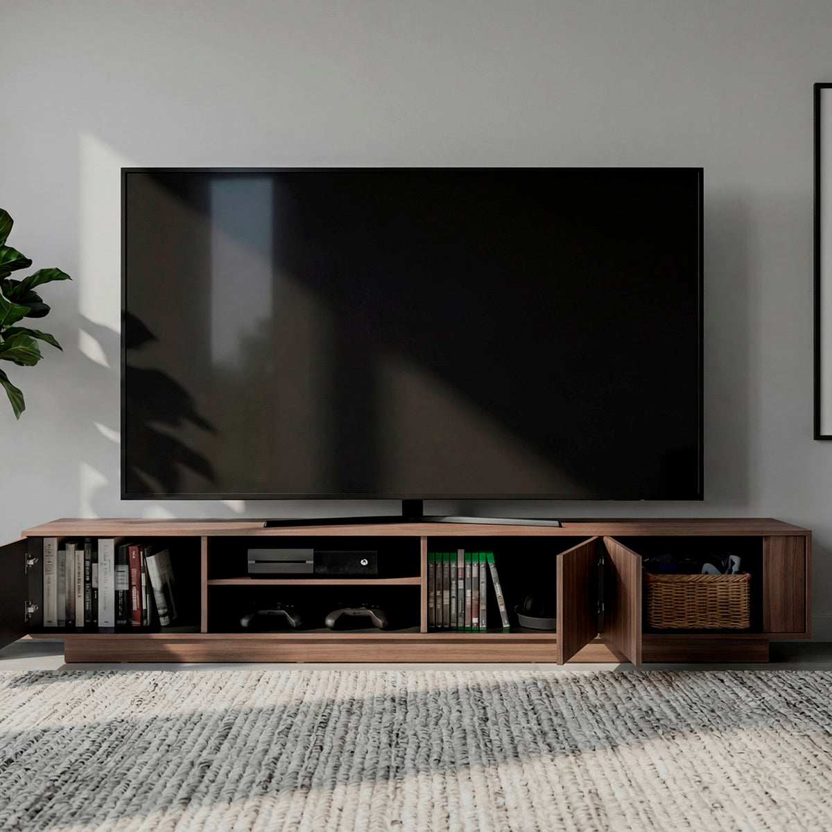 Rack de TV Maldivas Avellana y Wengue 230x40cm para TV Hasta 85" Pulgadas con Dos Compartimientos