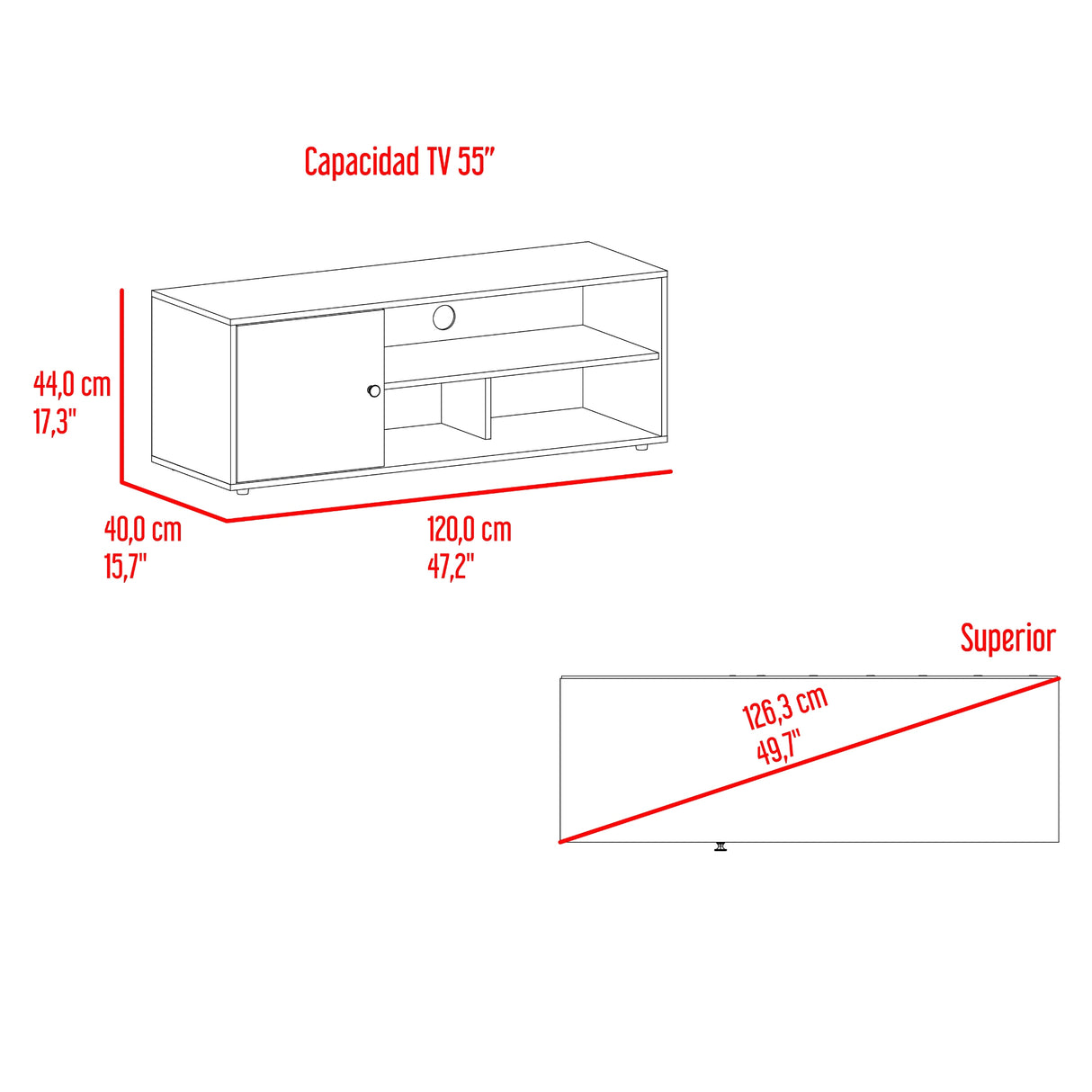Rack de TV Noah Fresno Europeo y Capri 120x44cm para TV Hasta 50" Pulgadas con Tres Compartimientos y con Ranura para Cables