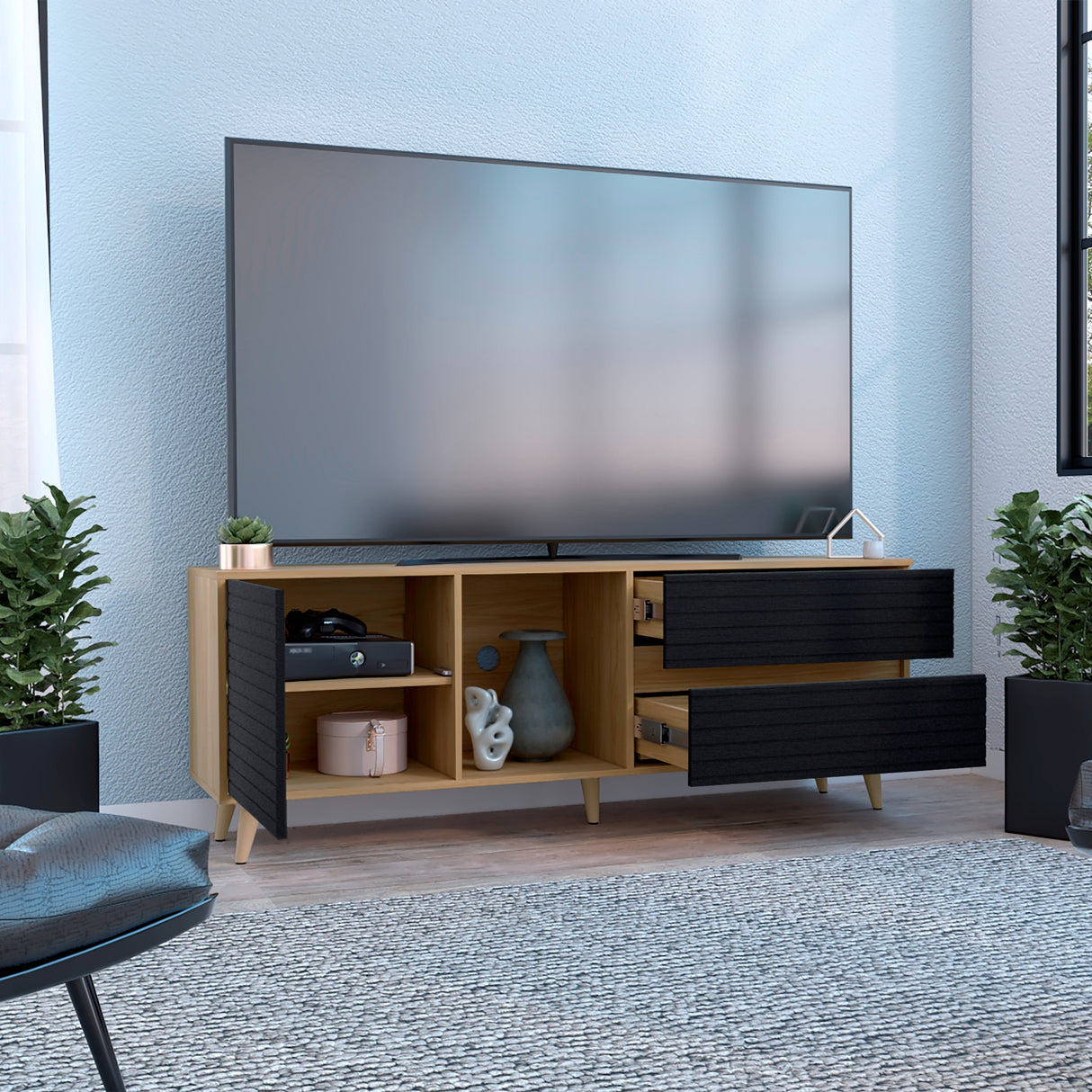 Rack de TV Salem Fresno Europeo y Wengue 158.4x58.4cm para TV Hasta 65" Pulgadas con Dos Cajones y con Ranura para Cables