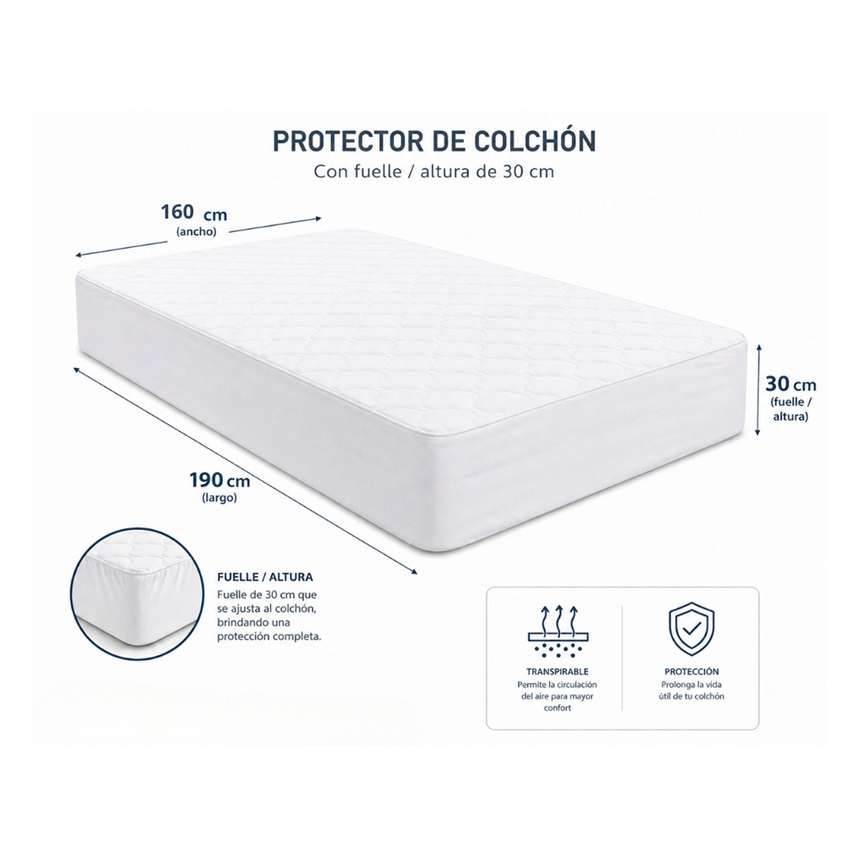 Protector de Colchón Transpirable Blanco para Colchón Queen 160 X 190 Cm Acolchado 300 Hilos