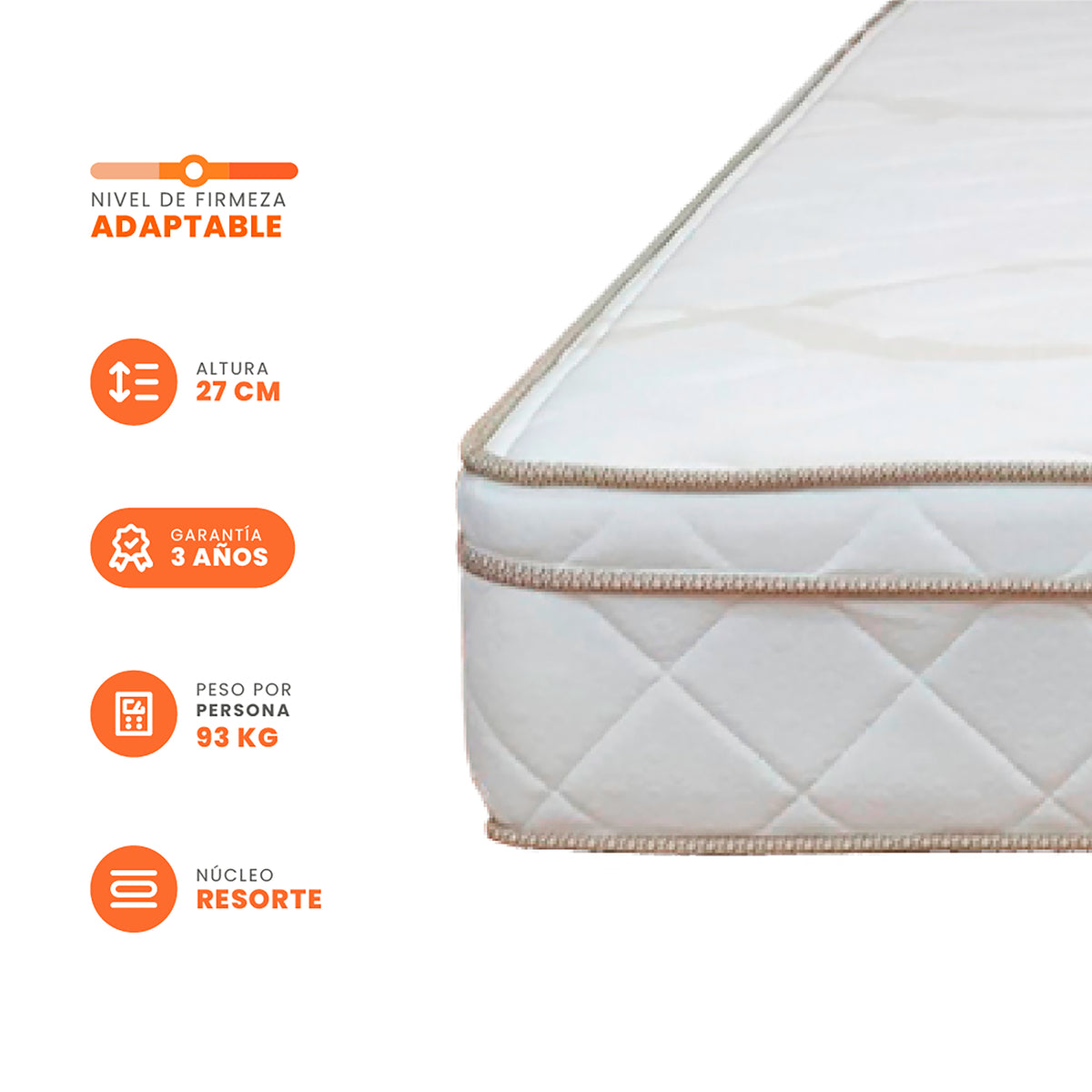 Colchón Prana Blanco y Beige Semidoble 120 X 190 Cm Medio Suave Hipoalergénico