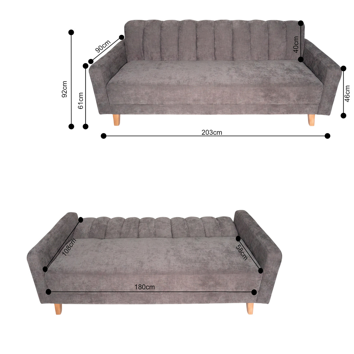 Sofá Cama Salamanca Gris Oscuro 108x92cm de Tres Puestos Reclinable Antifluido con Apoya brazos