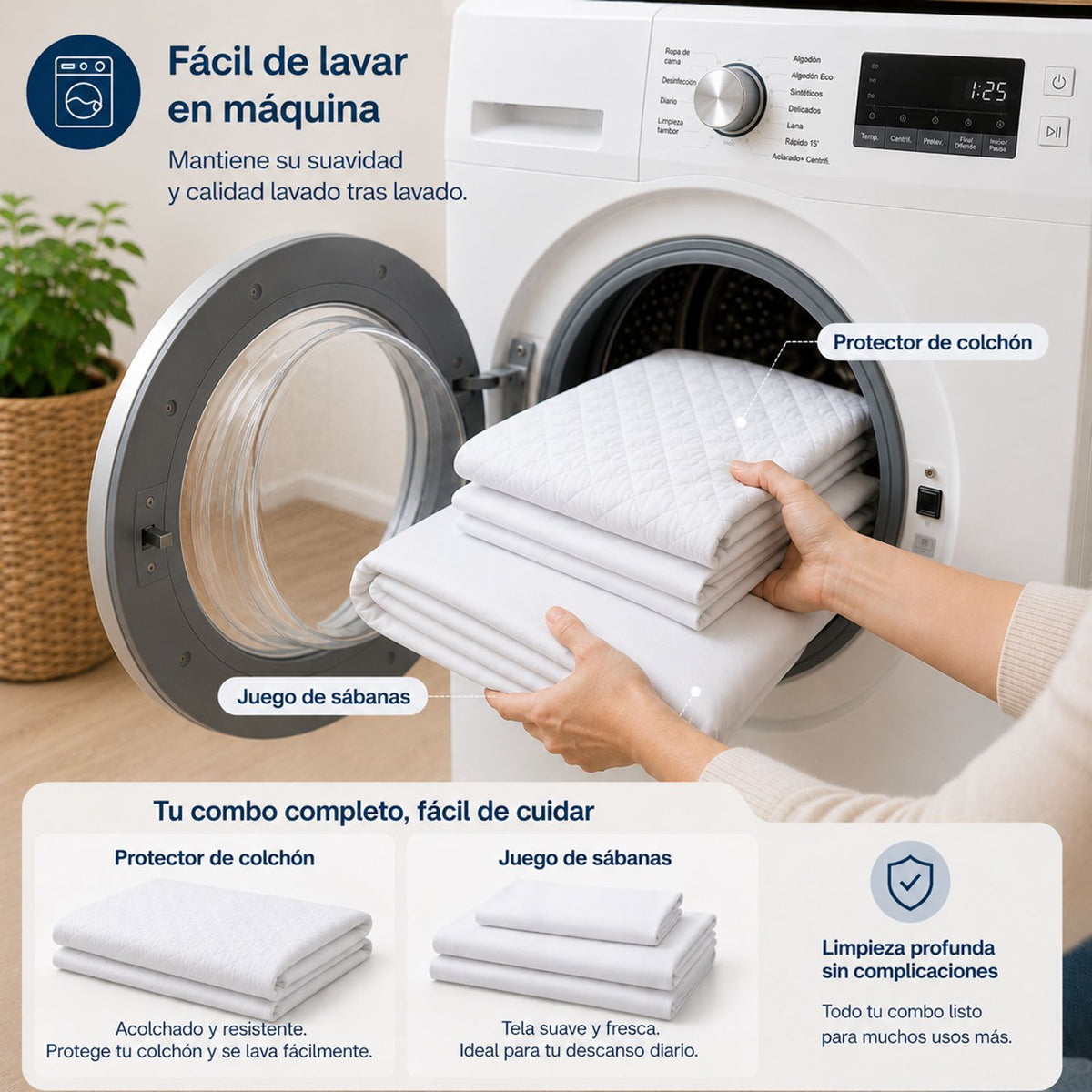 Combo Protector de Colchón y Juego de Sábanas Blanco para Colchón Semidoble 120 X 190 Cm