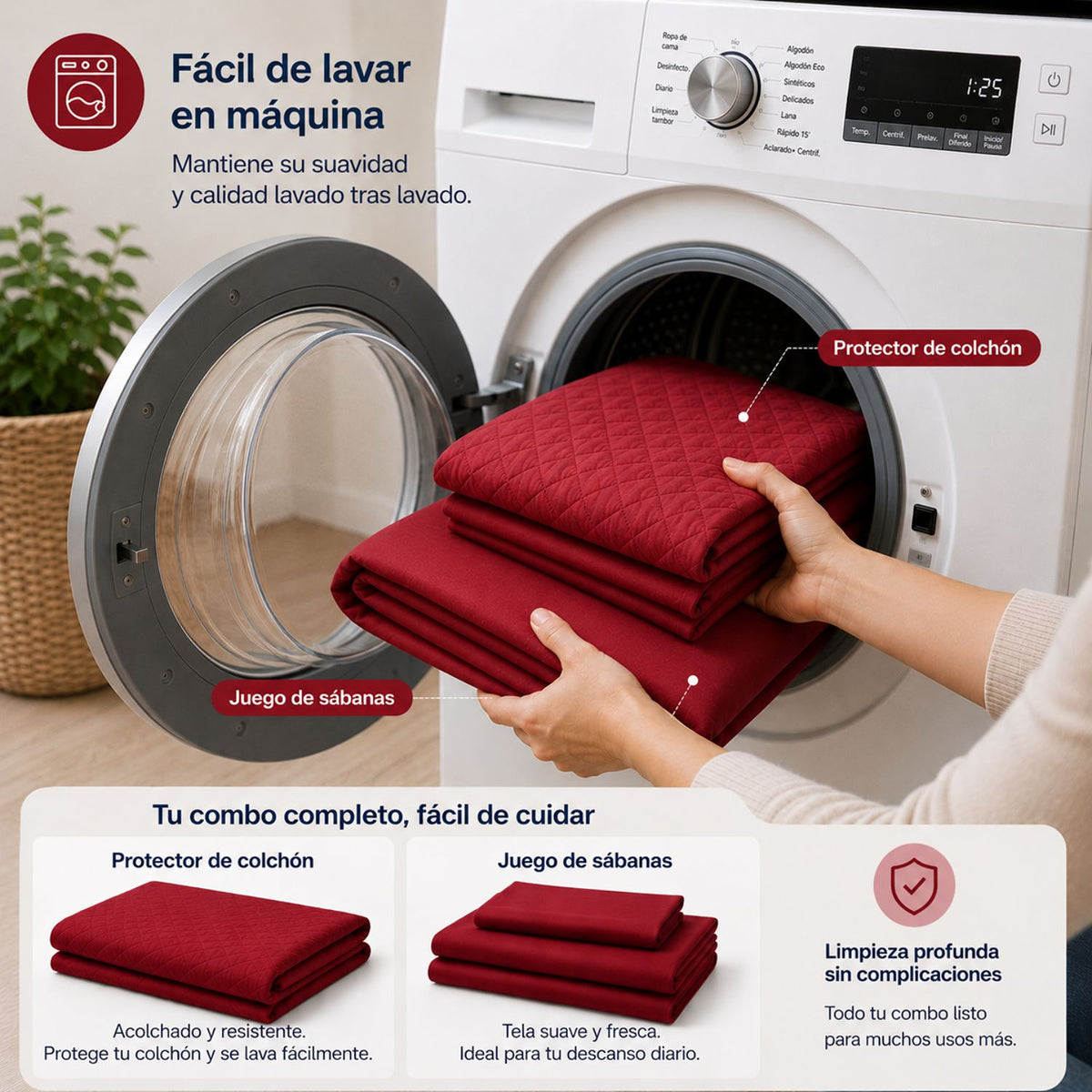Combo Protector de Colchón y Juego de Sábanas Rojo para Colchón Queen 160 X 190 Cm