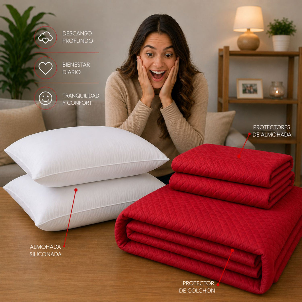 Combo Protector de Colchón y Almohadas Siliconada Rojo para Colchón Queen 160 X 190 Cm