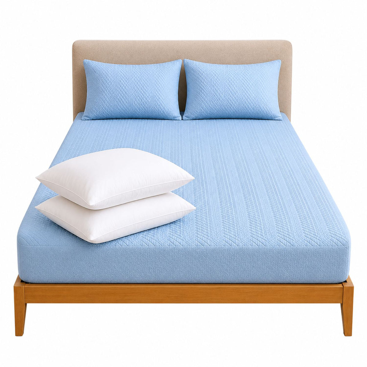 Combo Protector de Colchón y Almohadas Siliconada Azul Celeste para Colchón King 200 X 200 Cm