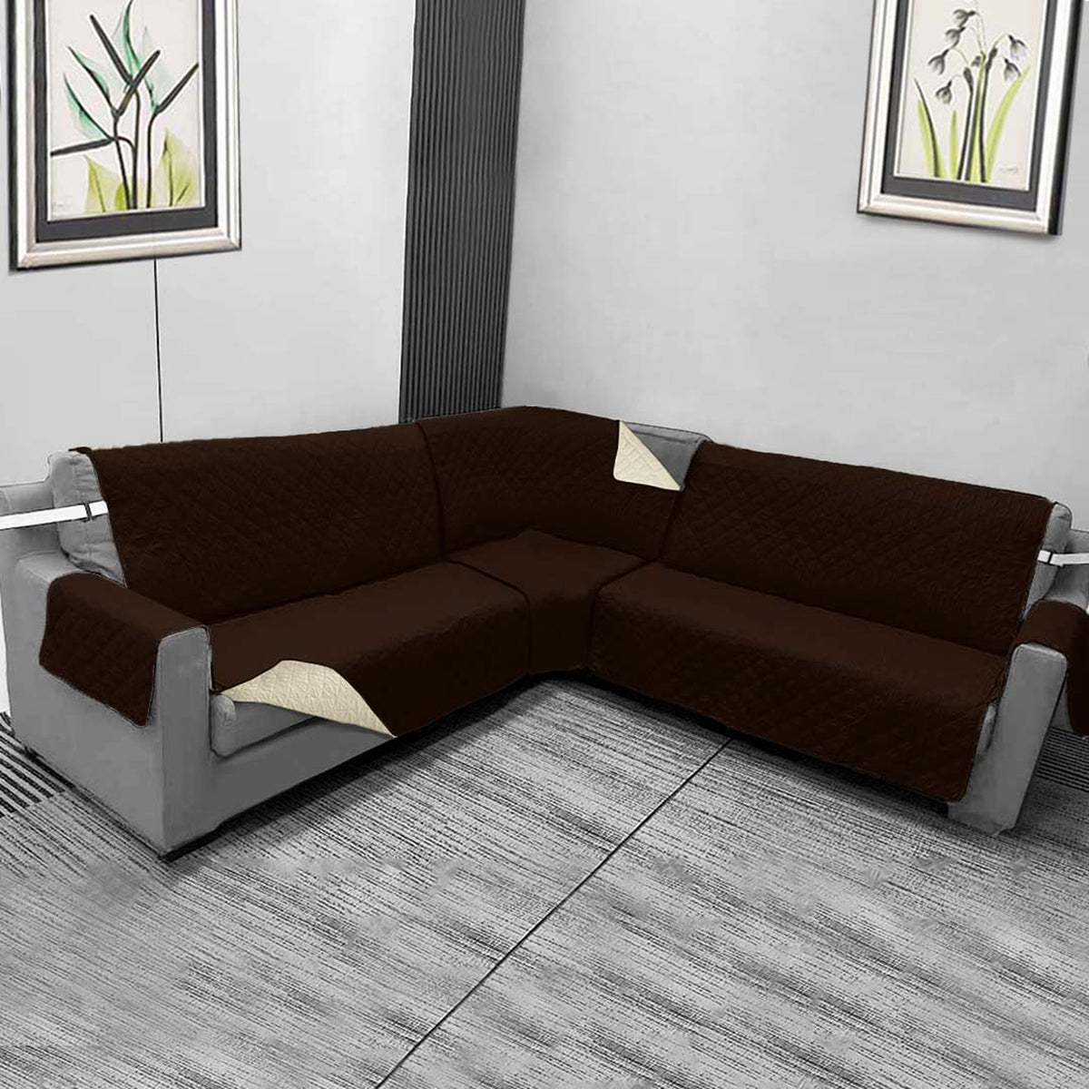 Protector de Sofá en L Beige y Cafe 120x180cm Para Sofás de Cinco Puestos Doble Faz con Ajuste Libre