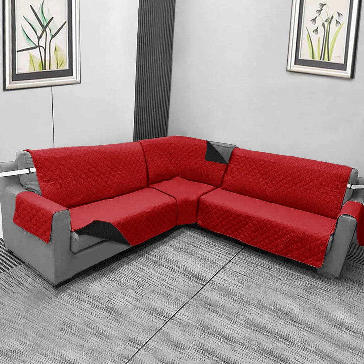 Protector de Sofá en L Rojo y Negro 120x180cm Para Sofás de Cinco Puestos Doble Faz con Ajuste Libre