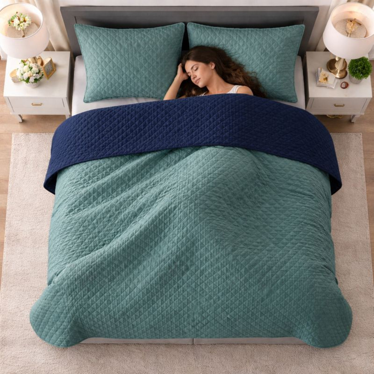 Colcha Doble Faz Verde y Azul 160x220cm para Colchón Sencillo 100 X 190 Cm Sin Acolchado Sin Relleno Fondo Entero
