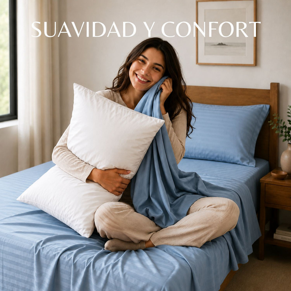 Combo Juego de Sábanas y Almohada Azul Celeste para Colchón Queen 160 X 190 Cm Fondo Entero Con Elastico para la Sábana
