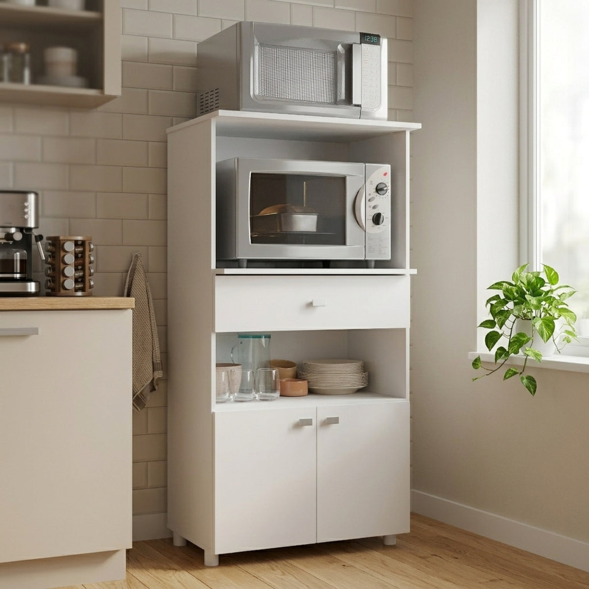 Mueble Microondas Capri Blanco 62x122cm con Dos Puertas y Un Cajón