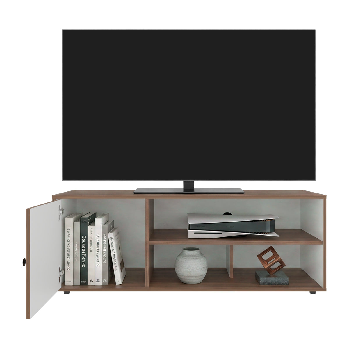 Rack de TV Noah Gales y Blanco 120x44cm para TV Hasta 55" Pulgadas con Tres Compartimientos y con Ranura para Cables