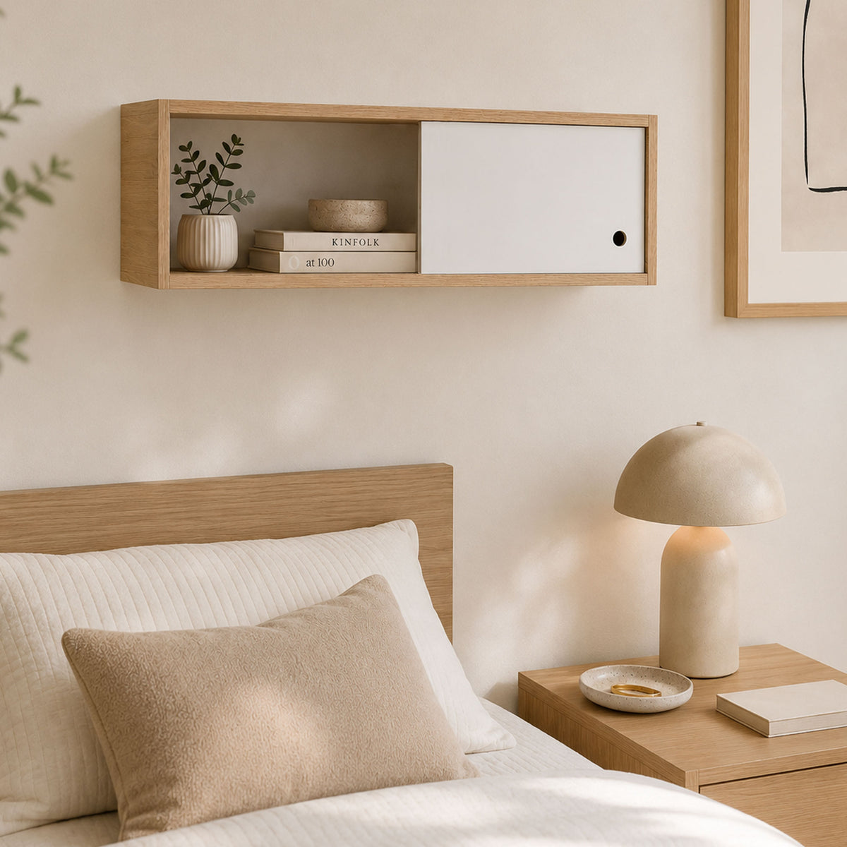 Repisa Nórdica Madera Natural y Blanco 63x21cm Rectangular con Seis Entrepaños