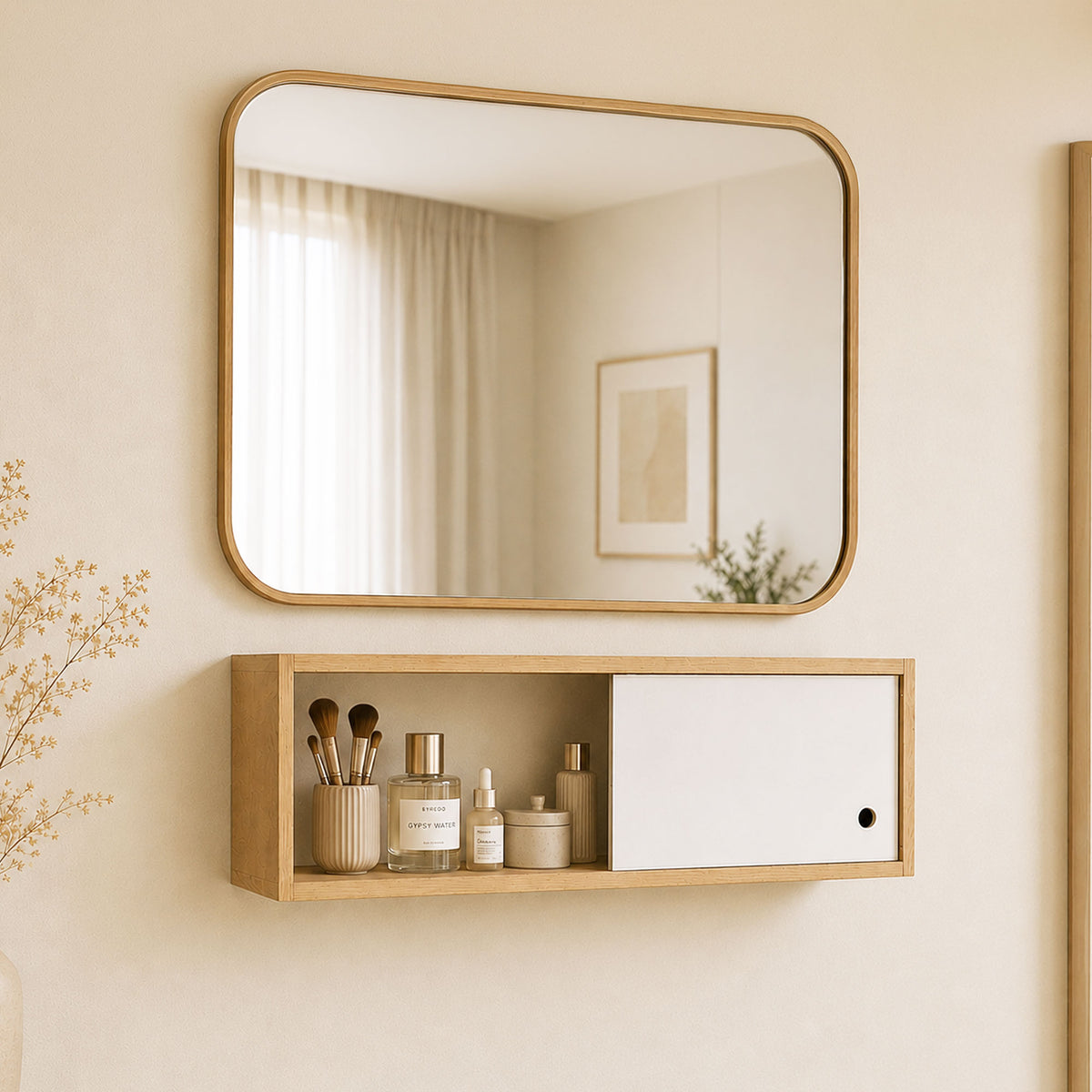 Repisa Nórdica Madera Natural y Blanco 63x21cm Rectangular con Seis Entrepaños