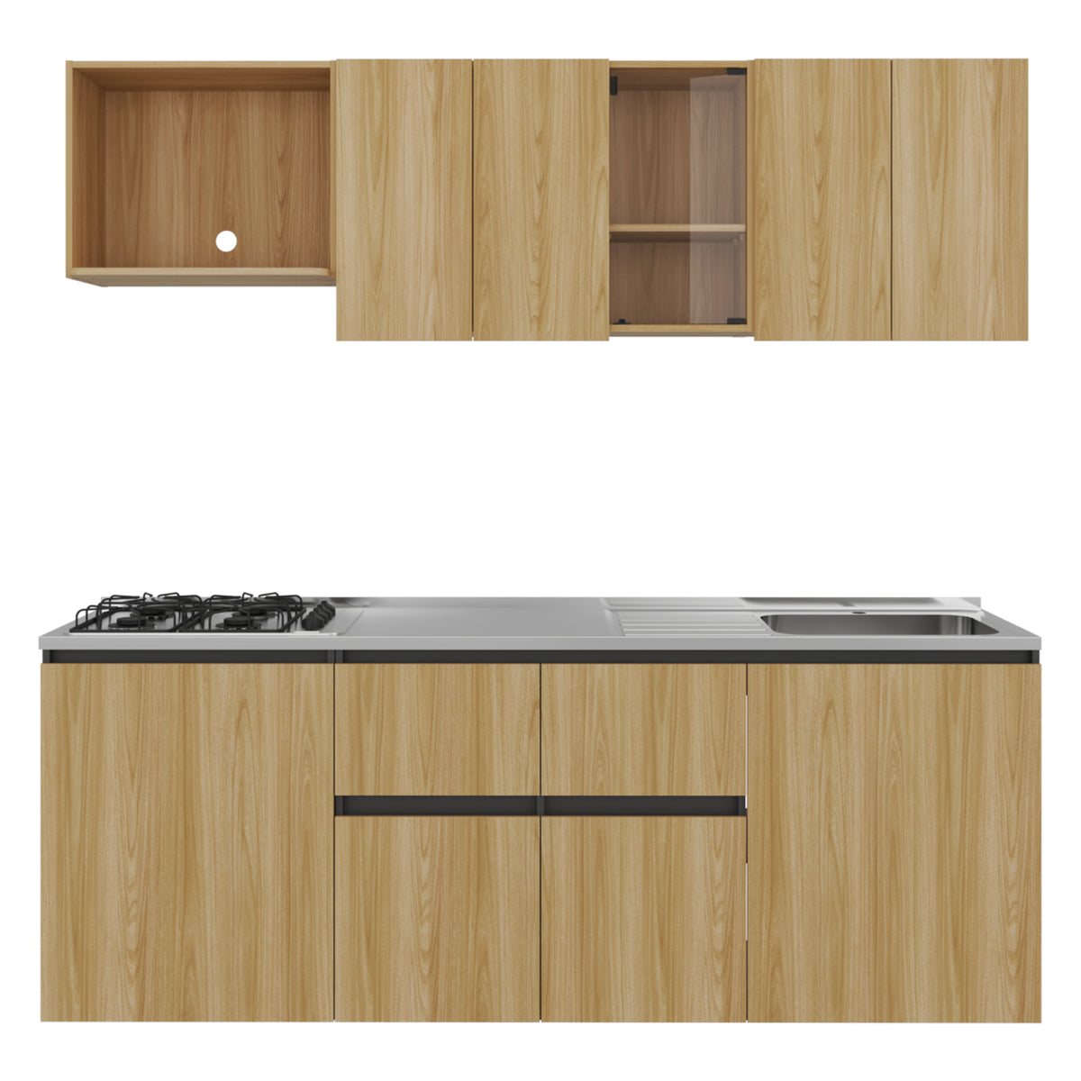 Cocina Amantia Fresno Europeo 212x208cm con Mesón de Acero Inoxidable con Pozuelo Lado Derecho y con Estufa