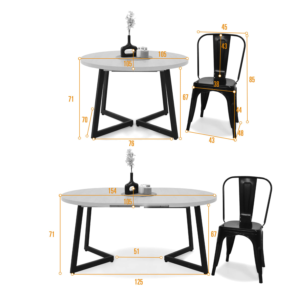 Juego de comedor Emet Mácula y Metálico Negro 105x71cm Circular Extensible de Seis Puestos con Cuatro Sillas