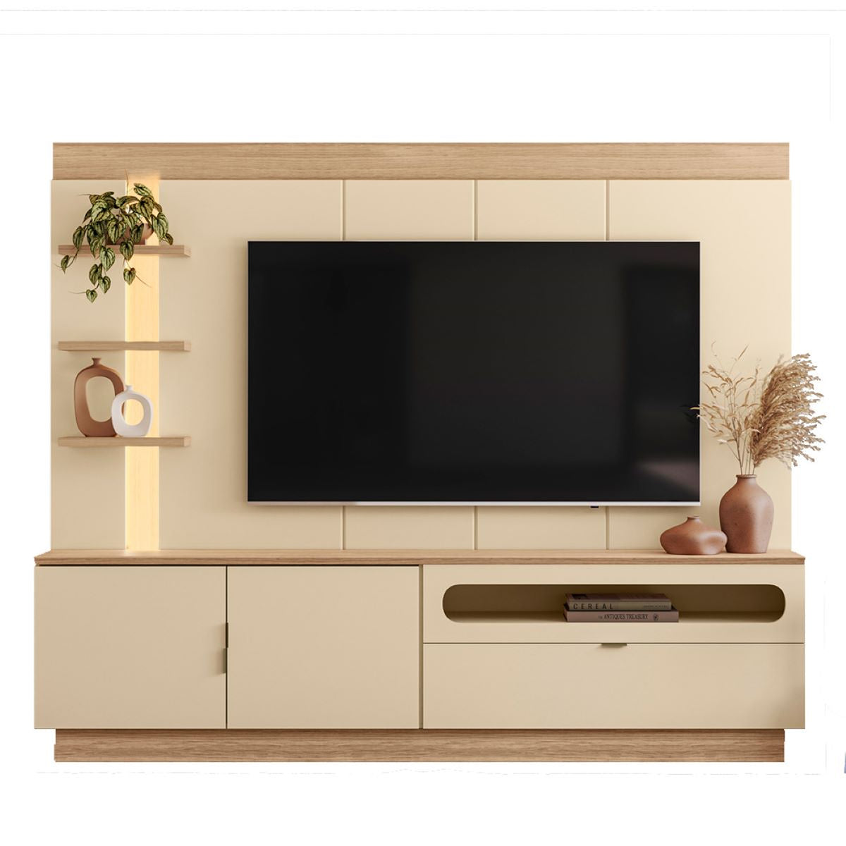 Centro de Entretenimiento Arena y Oasis 217x183cm para TV Hasta 65" Pulgadas con Cinco Compartimientos y con Ranura para Cables