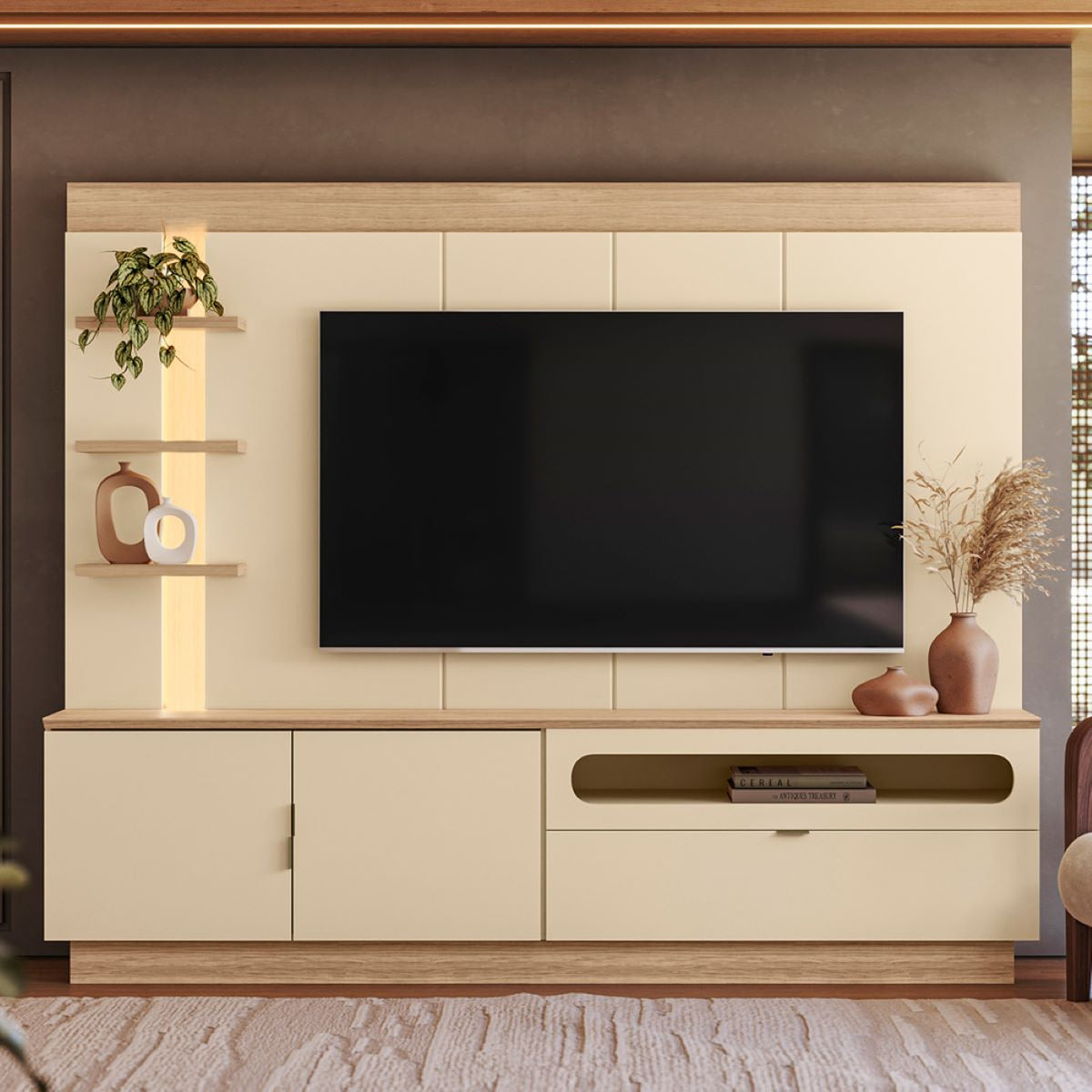 Centro de Entretenimiento Arena y Oasis 217x183cm para TV Hasta 65" Pulgadas con Cinco Compartimientos y con Ranura para Cables
