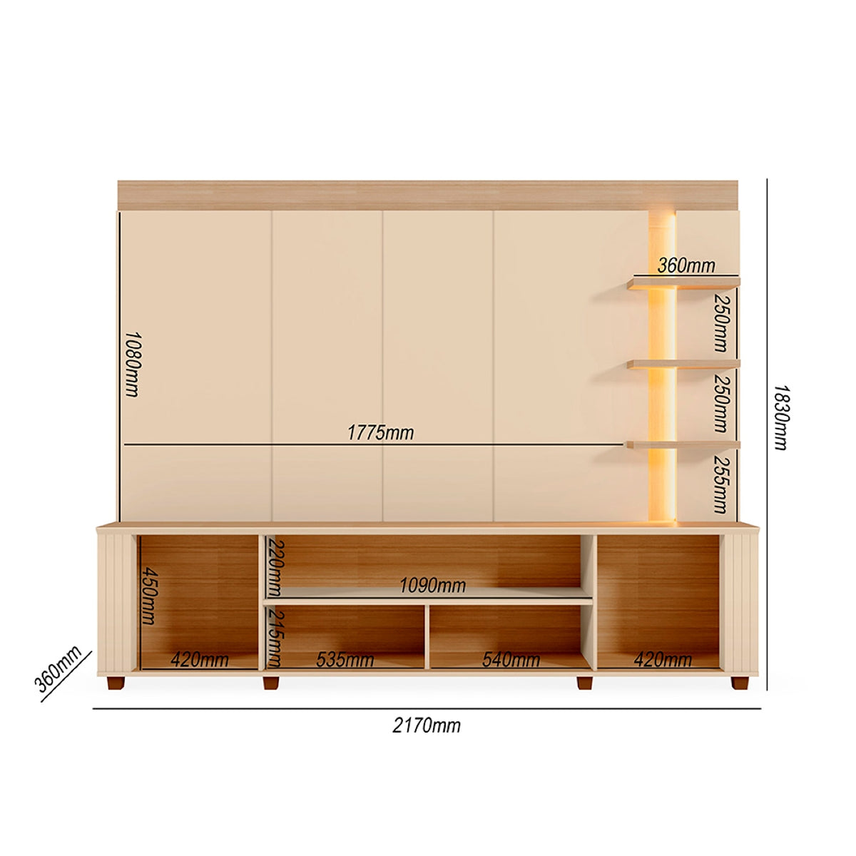 Centro de Entretenimiento Arena y Oasis 217x183cm para TV Hasta 65" Pulgadas con Siete Compartimientos y con Ranura para Cables