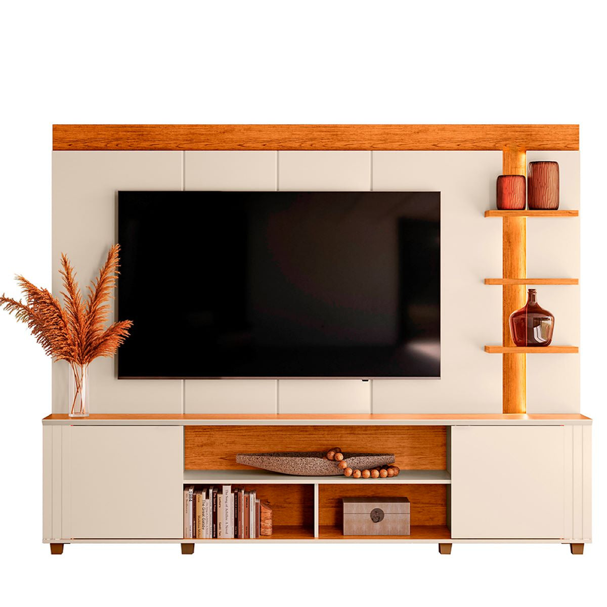 Centro de Entretenimiento Blanco y Canela 217x183cm para TV Hasta 65" Pulgadas con Siete Compartimientos y con Ranura para Cables